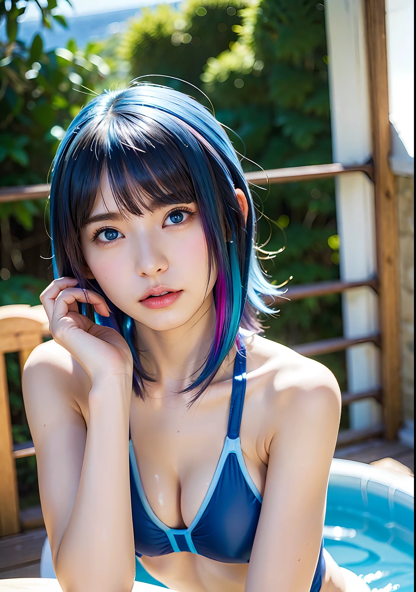 8K、top-quality, 超A high resolution, portrait of a full body, Amazing beauty, beautiful and delicate face, Big beautiful eyes, Simple and exciting underwear, highly detailed back ground, Very realistic skin,、translucent、(Camel toe)、((Amalfi Coast))、see -through、((Very translucent competitive swimsuit))、Oriental features、(No bra)、((witheout panties))、Shaved、Skin seen through the fabric、Small and racy、Blue Eye、(Bright blue eyes)、(Seductive open legs pose)、16 only、Beautiful side of the slippery、Aura with a sense of transparency、Perfect Style、Competitive swimsuit with very thin fabric、((Hair with colored mesh:1.2))、(Colorful colored hair:1.3)、cute little、((Very small sheer swimsuit))、Detailed finger details