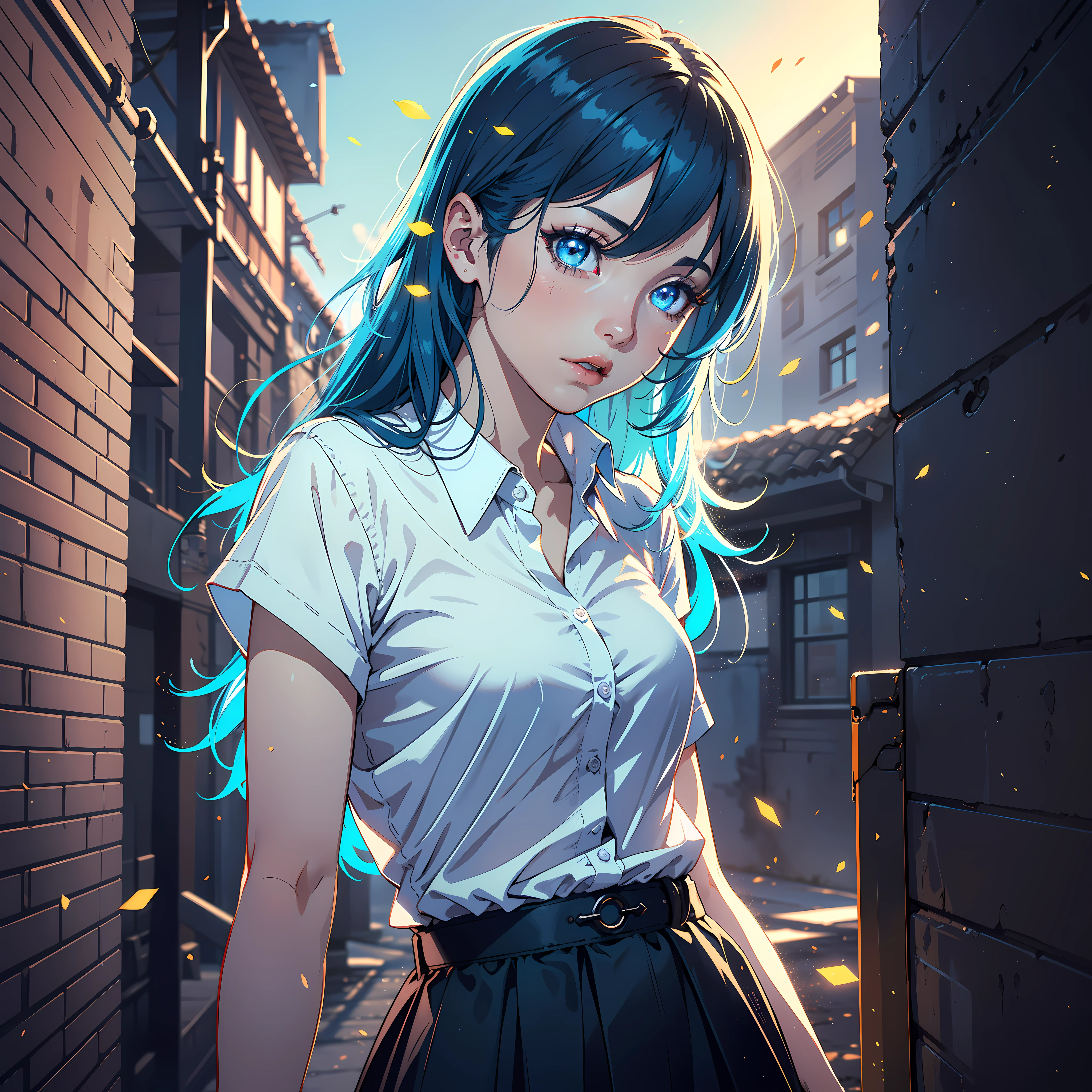 (Realistic), (Highres), 4K, 8K, Detailed Illustration, Ultra-Detailed, Ambient Light, Backlighting, Realistic Shadows, Glowing Particles, Light Particles, Digital Art, Detailed Face, Detailed Hair, (Hyper-Detailed Eyes:1.2), Soft Light, Soft Lighting, (Outdoors:1.15), (1girl), blue hair, blue glowing eyes, white shirt, black skirt, leaning against wall