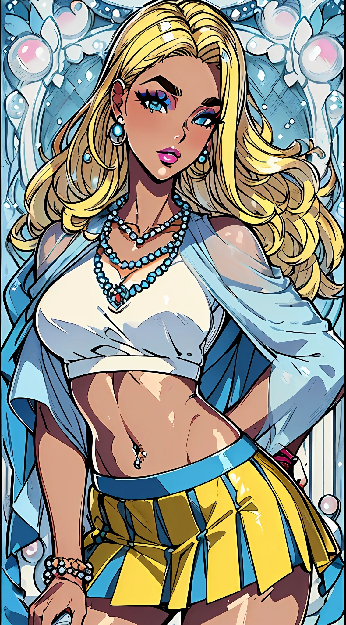 (Ultra-realistic skin tone:1.3),(Baseball Shirts:1.2),(mini-skirts:1.2),(Bronzed complexion:1.2),(Wrist clasp:1.1),(jewelry:1.1),(Long hair shawl:1.2),(Beautiful lines:1.1),(putting makeup on:1.1),(blond hairbl,eyebrows very:1.4),(blue color eyes:1.3),(Alvine:1.1),(pierced navel:1.1),(lipsticks:1.1),(Barbie style:1.3),(pearls necklace:1.2)