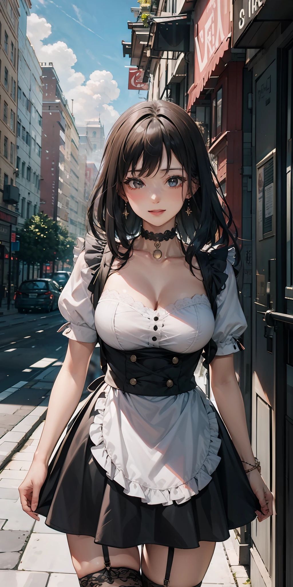 (the maid outfit:1.3),(Cover chest:1.3),jewely,looking at viewert,hair adornments,choker necklace,is shy,ssmile,
(tmasterpiece,top-quality,best qualityer,offcial art,Beauty and aesthetics:1.2),(1个Giant Breast Girl),extremedetailed,rich colourful,highest details,
城市,the street, tilt, muri, suns, Clouds,