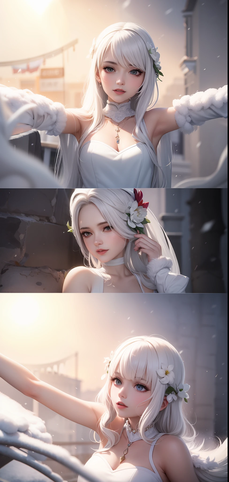 There is a woman with white hair and white dress, Guviz, 4k high definition. snow white hair, trending on cgstation, 🌺 CGSesociety, Anime style. 8K, Guviz-style artwork, High quality detailed art in 8K, 8K)), Game CG, Porcelain white skin, trending at cgstation