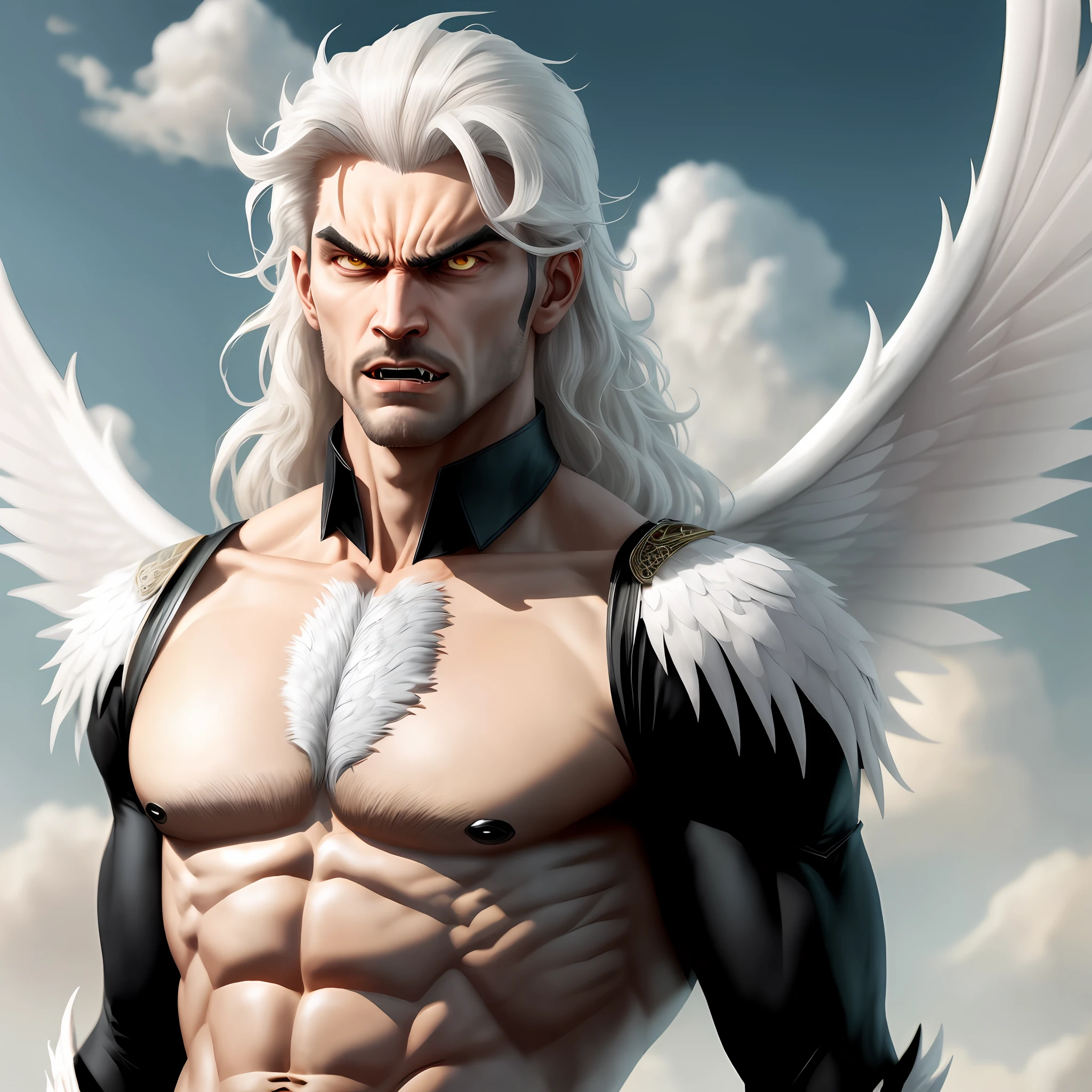 male, white longhair, wings, angry, Surrealism, 8k, super detail handsome face , fangs