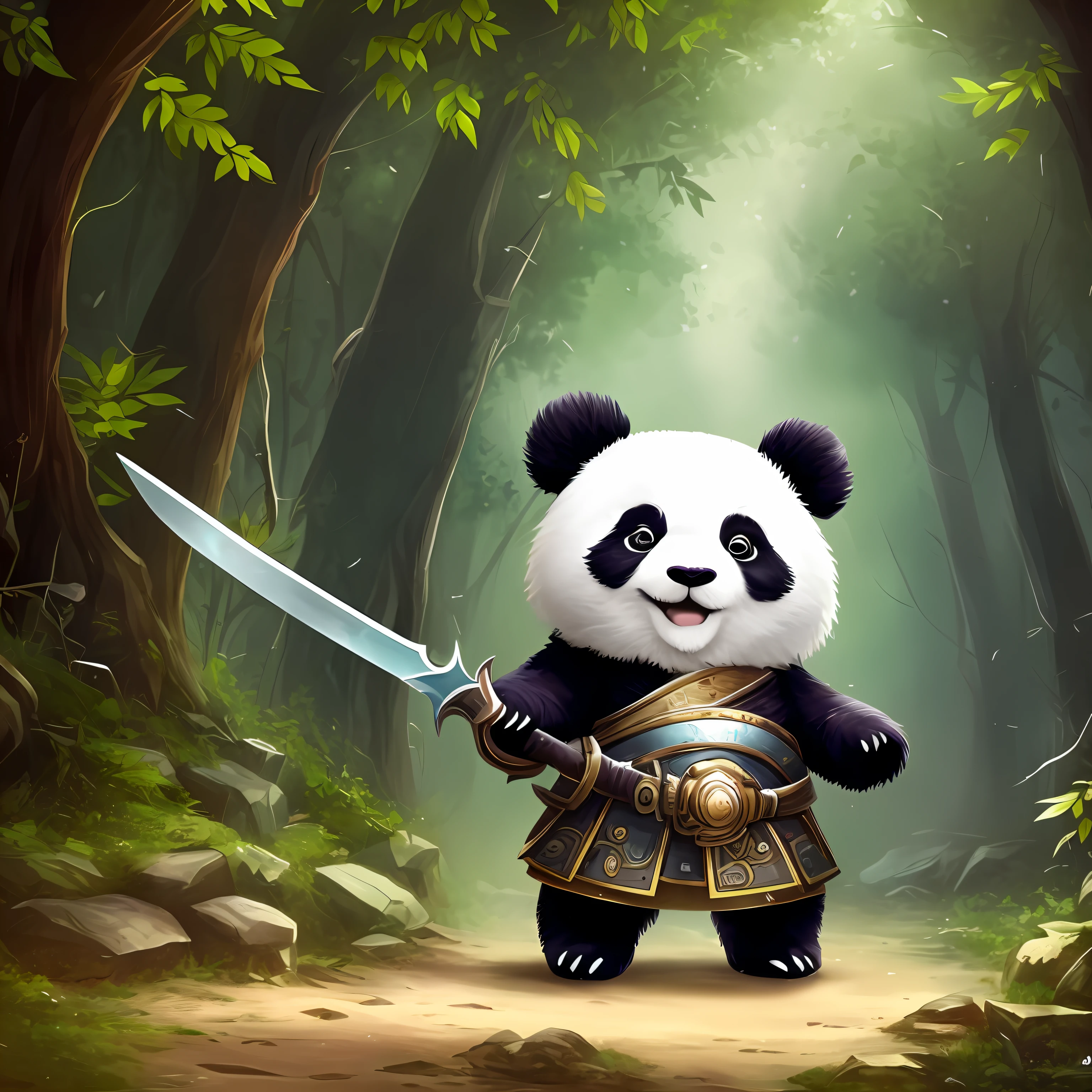 There is a panda，Wearing armor，Long sword in hand，Wave forward，Cute detailed digital art，lovely digital painting，adorable digital art，cute anthropomorphic bunny，Cute 3d rendering，Lovely detailed artwork，adorable creature，Cute cartoon character，Cute little animals，cute artwork，beautiful digital artworks，dream animal cute eyes，cute forest creature，cute animal --auto