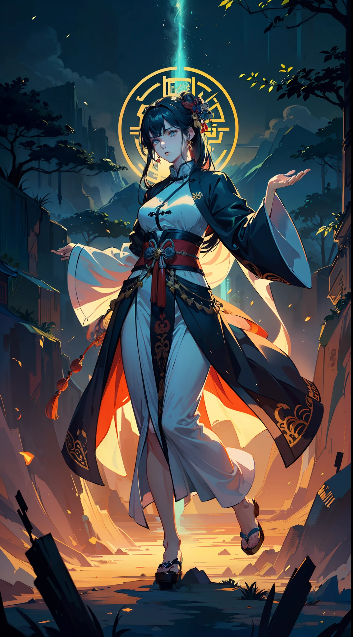((fantasy), (mythical), (Chinese Taoism), (expressive character), (dramatic pose), (ethereal lighting), (mystical atmosphere), (intricate details), (elaborate hair design), (flowing robes), (magical symbols), (ancient artifacts), (divine glow), (spiritual essence), (exotic vegetation), (evocative expression),,