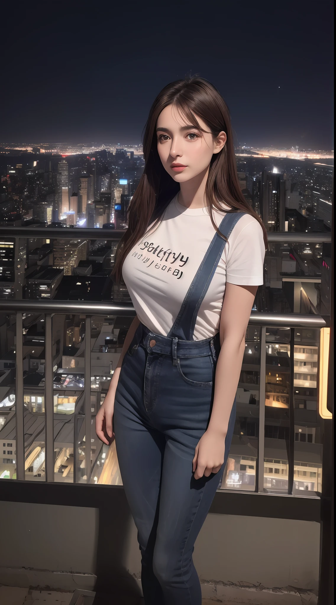 ultra high res, (photorealistic:1.4), raw photo,((Midnight, Best quality, 8k, Masterpiece :1.3)), Whole body, Long legs, Sharp focus :1.2, A pretty woman with perfect figure :1.4, Slender abs :1.1, ((Dark brown hair,Gigantic breasts :1.2)), (White tight tshirt, Jean bib, Standing:1.2), ((Night city view, Rooftop:1.3)), Highly detailed face and skin texture, Detailed eyes, Double eyelid