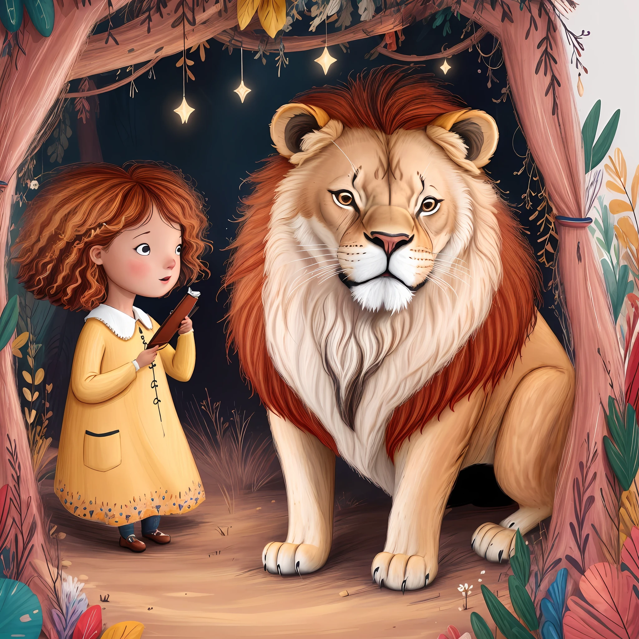 Create a captivating illustration of the Lion Sharing engaging with the *********** in the story in a magical encounter. the Lion, com sua majestosa juba e olhos gentis, is shown sitting next to the girl, forming an unexpected bond of friendship. They are surrounded by a charming forest full of extravagant creatures and lush vegetation. Use Beatrix Potter's delicate and detailed style to bring this extraordinary connection to life, with intricate patterns on the lion's skin and expressive features on the girl's face. Let the illustration capture the essence of compassion, generosidade, e a beleza de amizades inesperadas, evoking the same sense of wonder and warmth found in Beatrix Potter's beloved stories."