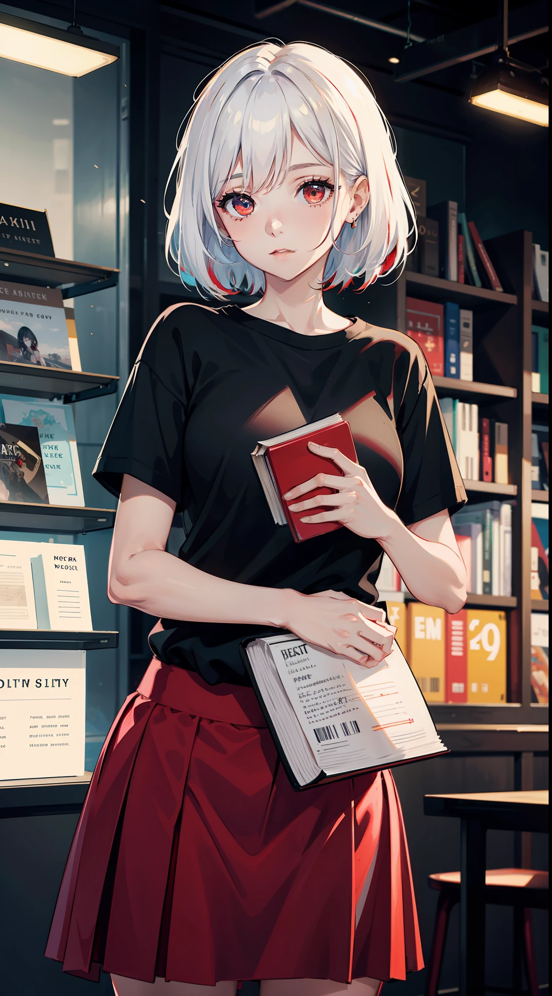 best quality, an extremely delicate and beautiful, extremely detailed, CG, light on face, (white hair:1.2), (black shirt:1.5), (a red skirt:1.9), (illustration:1.1), unity, 8k wallpaper, 8K, Amazing, finely detail, official art, extremely detailed CG unity 8k wallpaper, absurdres, incredibly absurdres, huge filesize, ultra-detailed, highres, beautiful detailed girl, extremely detailed eyes and face, beautiful detailed eyes, photography, HDR, absurdres:1.2, Kodak portra 400, film grain, blurry background, bokeh:1.2, lens flare, (vibrant color:1.2), (pureerosface_v1:0.5), (ulzzang-6500-v1.1:0.5), in the office, (a girl:1.1), (with a book in hand:1.6),