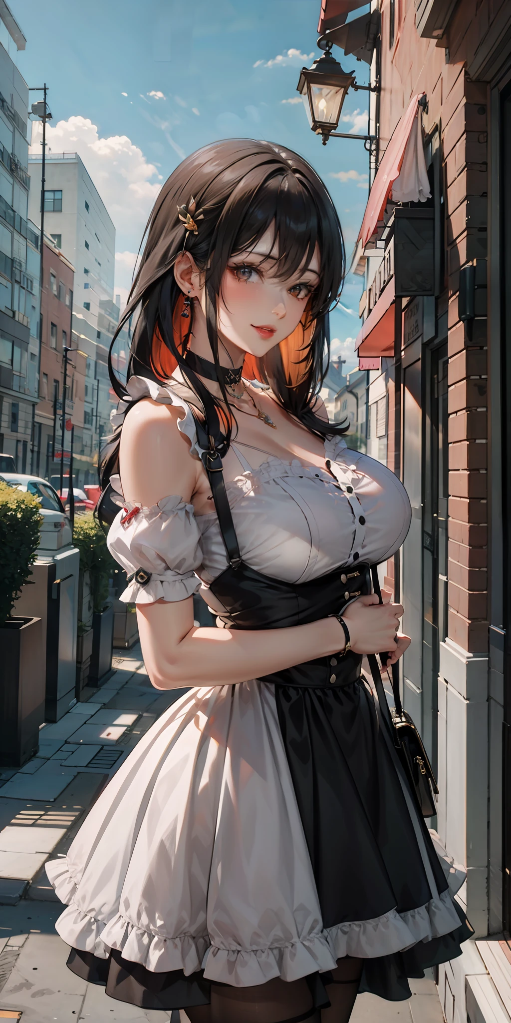 （the maid outfit：1.3），（Cover chest：1.3），jewely，looking at viewert，hair adornments，choker necklace，is shy，ssmile，
（tmasterpiece，top-quality，best qualityer，offcial art，Beauty and aesthetics：1.2），（1个Giant Breast Girl），extremedetailed，rich colourful，highest details，
城市，the street， tilt， muri， suns， Clouds，