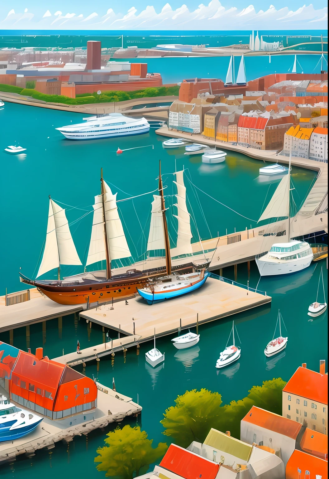 Old port with sailing boats in the distance