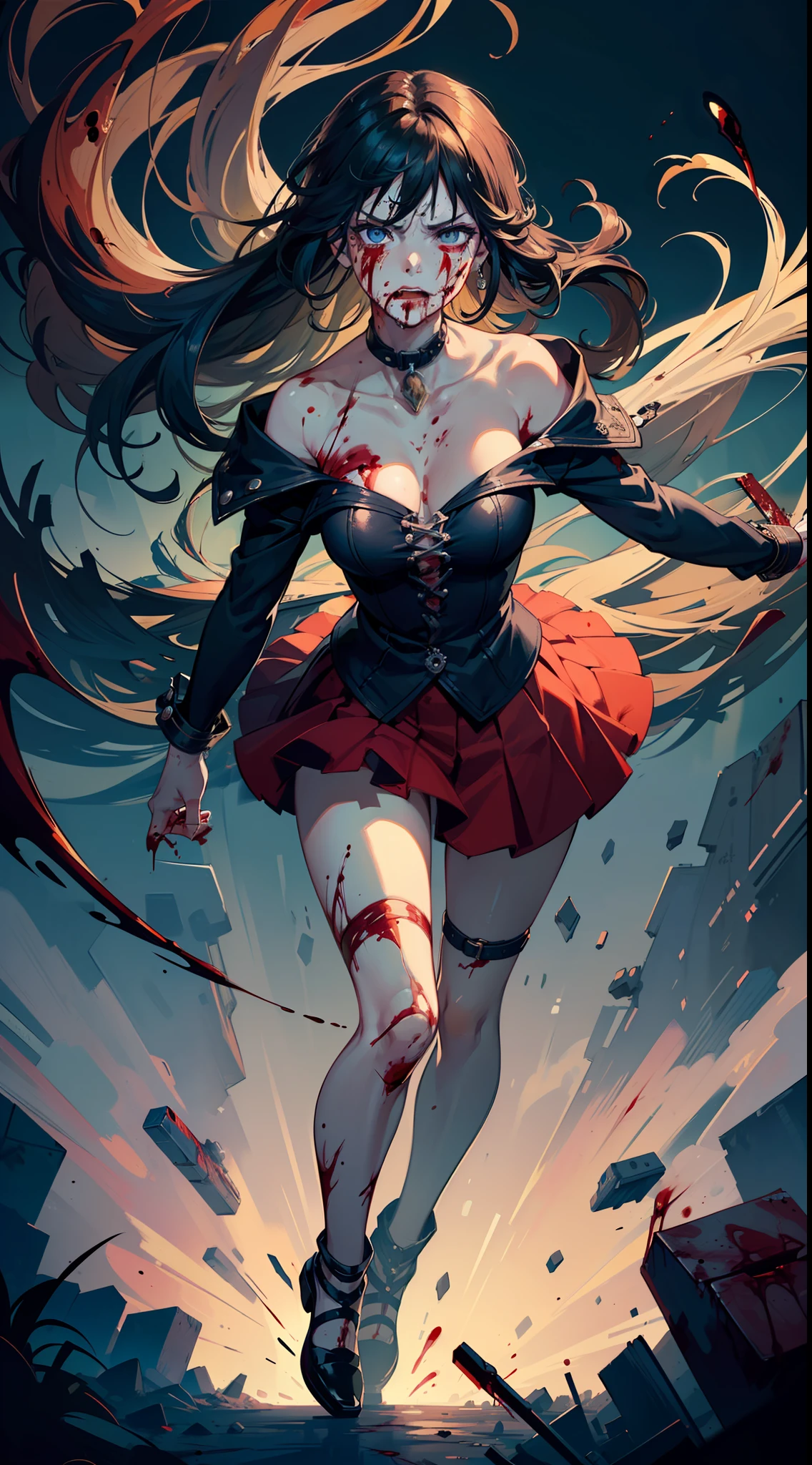 (((masterpiece))),(((bestquality))),((ultra-detailed)),(illustration),((anextremelydelicateandbeautiful)),dynamicangle,floating,(beautifuldetailedeyes),(detailedlight),1girl, solo,simple background, cowboy shot,angry,(blood on face:1.5),(scar:1.2),full body,