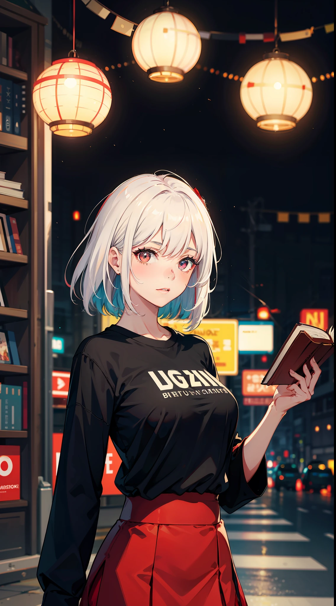 best quality, an extremely delicate and beautiful, extremely detailed, CG, light on face, (white hair:1.2), (black shirt:1.5), (a red skirt:1.9), (illustration:1.1), unity, 8k wallpaper, 8K, Amazing, finely detail, official art, extremely detailed CG unity 8k wallpaper, absurdres, incredibly absurdres, huge filesize, ultra-detailed, highres, beautiful detailed girl, extremely detailed eyes and face, beautiful detailed eyes, photography, HDR, absurdres:1.2, Kodak portra 400, film grain, blurry background, bokeh:1.2, lens flare, (vibrant color:1.2), (pureerosface_v1:0.5), (ulzzang-6500-v1.1:0.5), in the office, (a girl:1.1), (with a book in hand:1.6),