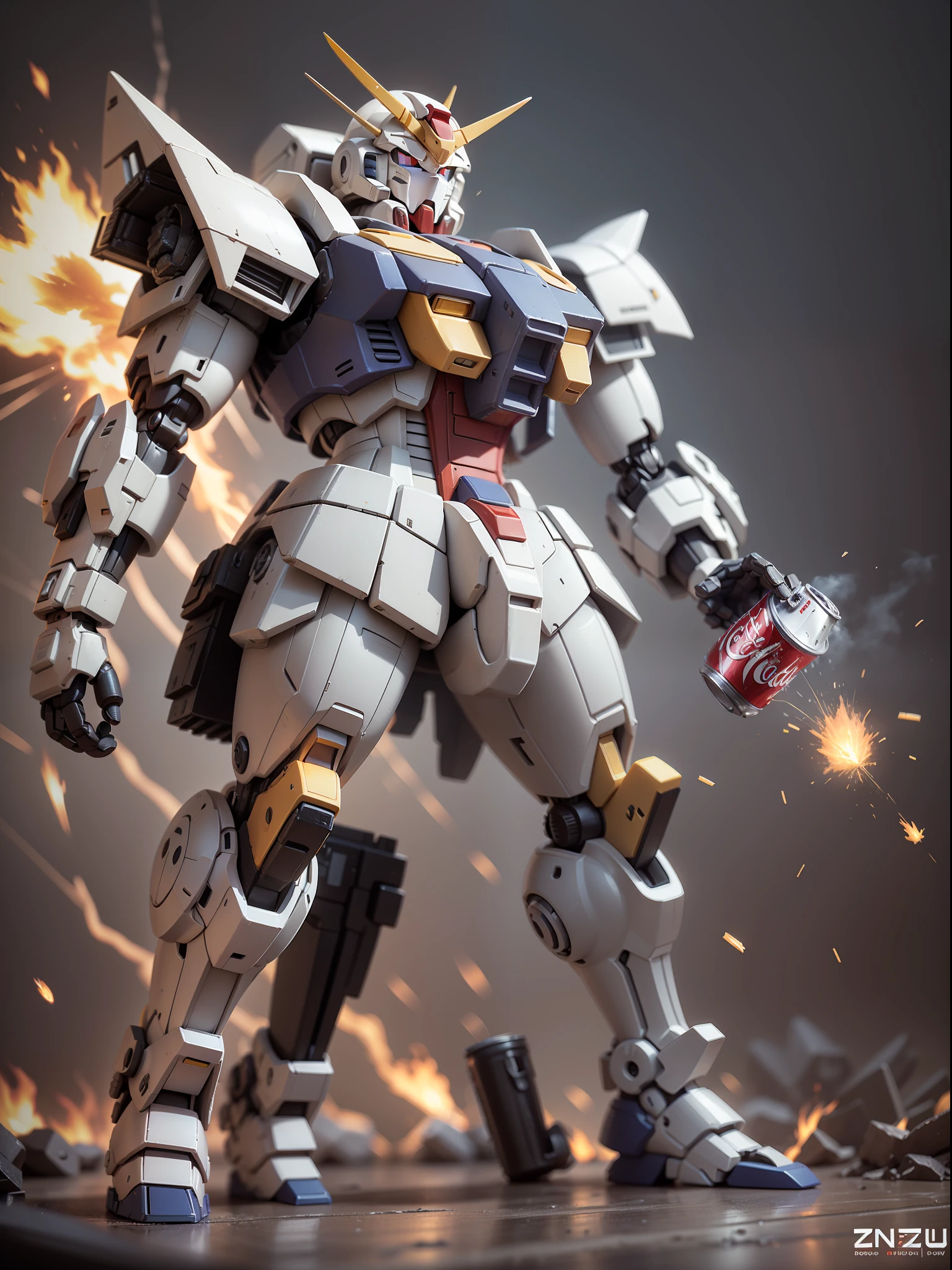 (Machinary：Genzu Gundam:1.331)，(Genzo Gundam holds a can of Coca-Cola in his hand)，Up to RX78，The mech is rich in detail，Refined mecha，coca-Cola,（Canned Coca-Cola），Celebrate drinking，Cute style，Little，big headed，(Hot Wheels:1.331)，a 3D render，((Q version))，Pokémon style，Machine style，Cinematic texture，Figures，Pokémon，电影灯光，Heavy robotic arm，Mechanical belly，mechanical leg，mechanical leg，Mechanical feel，The background surrounds lightning，salama，mizore，Clean white background，Ray traching，Premium color，Bust 3D model，Action，Stylish blind box toy。(fill body:1.2)，tchibi