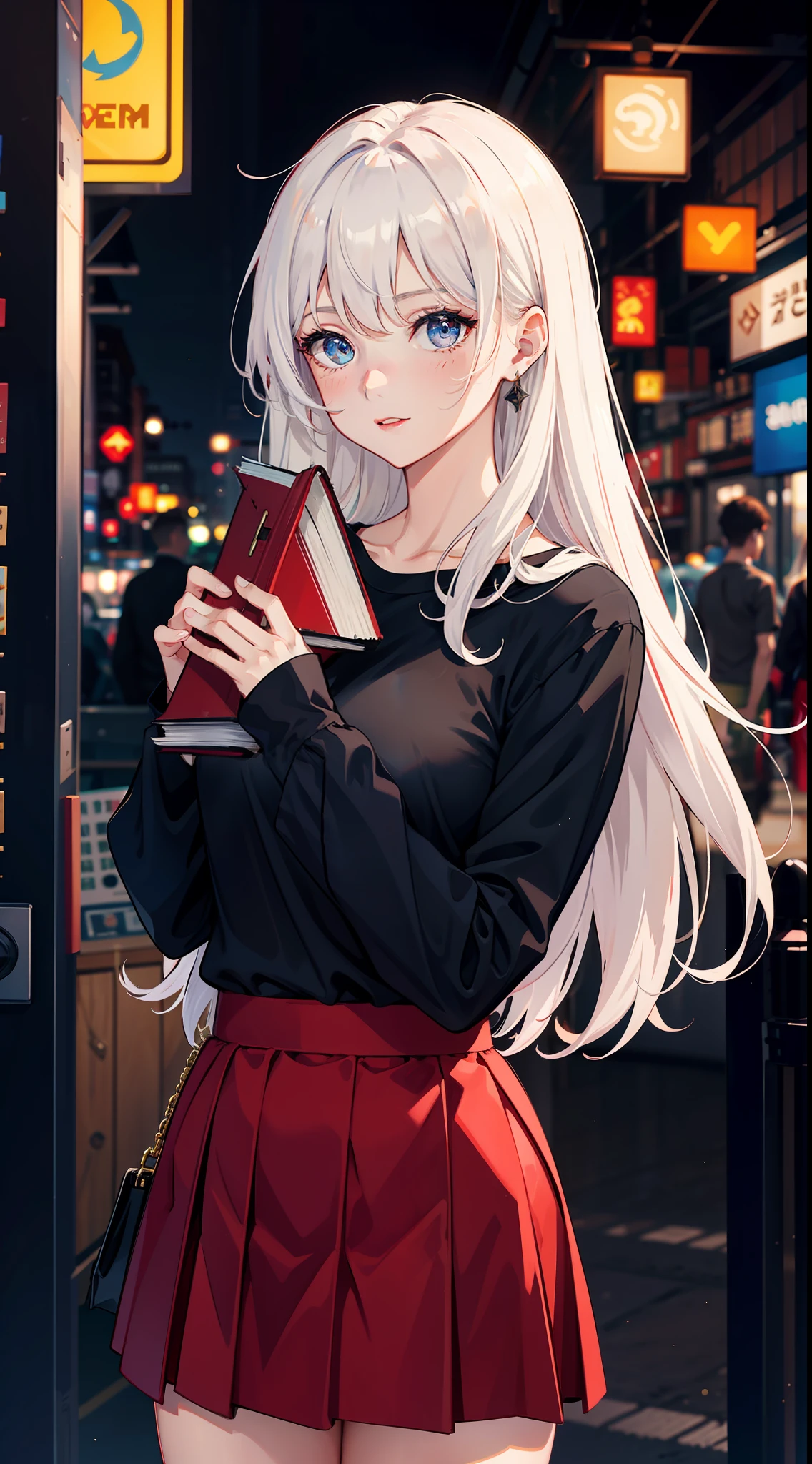 best quality, an extremely delicate and beautiful, extremely detailed, CG, light on face, (white hair:1.2), (black shirt:1.5), (a red skirt:1.9), (illustration:1.1), unity, 8k wallpaper, 8K, Amazing, finely detail, official art, extremely detailed CG unity 8k wallpaper, absurdres, incredibly absurdres, huge filesize, ultra-detailed, highres, beautiful detailed girl, extremely detailed eyes and face, beautiful detailed eyes, photography, HDR, absurdres:1.2, Kodak portra 400, film grain, blurry background, bokeh:1.2, lens flare, (vibrant color:1.2), (pureerosface_v1:0.5), (ulzzang-6500-v1.1:0.5), in the office, (a girl:1.1), (with a book in hand:1.6),