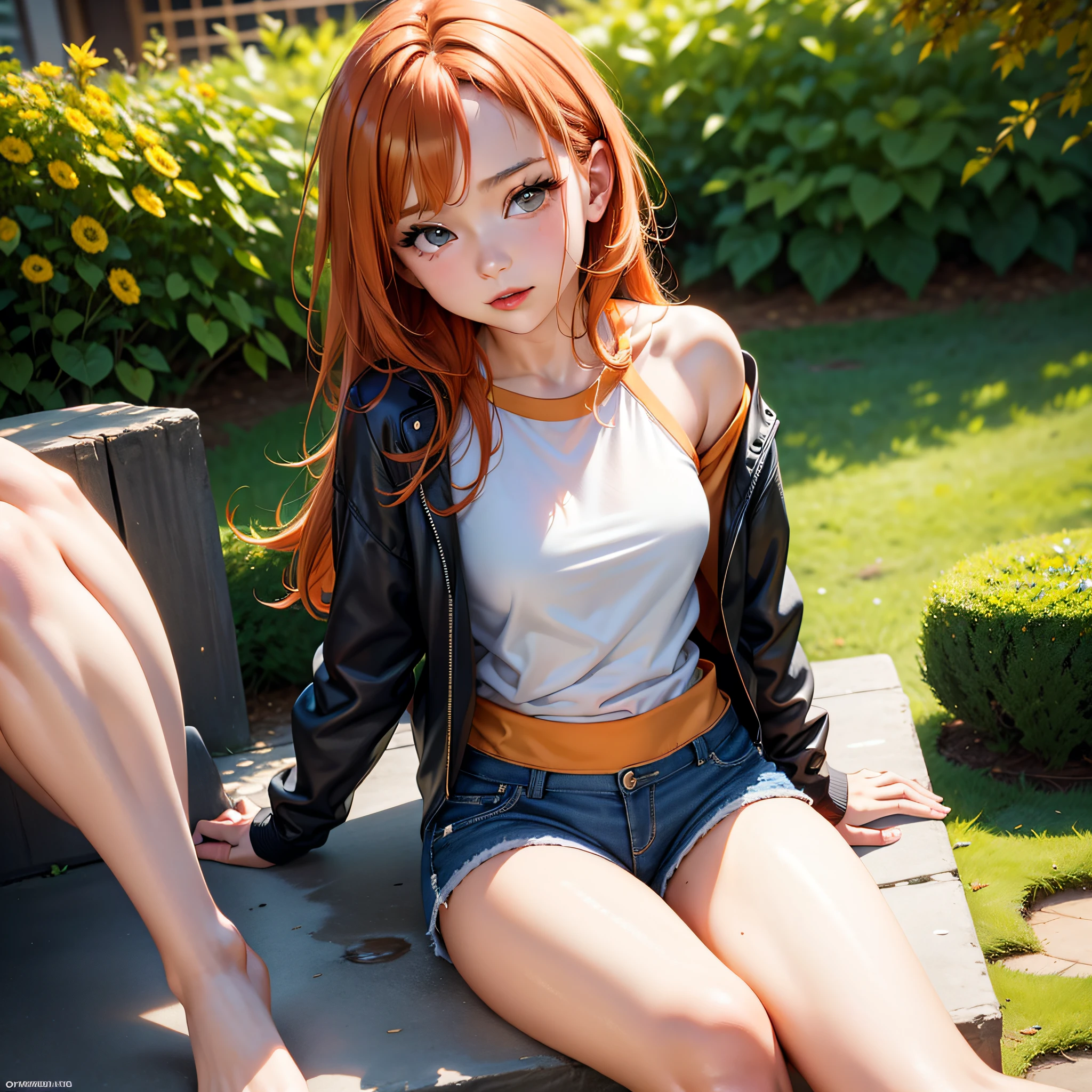 correct anatomy, (posed/is sitting ), [seductive\woman], photo from a magazine Maxime, photography, art print, [best/ woman ], beautiful portrait, orange hair girl, T-shirt, jacket, short shorts, autumn city, 4k, nature woman seductive