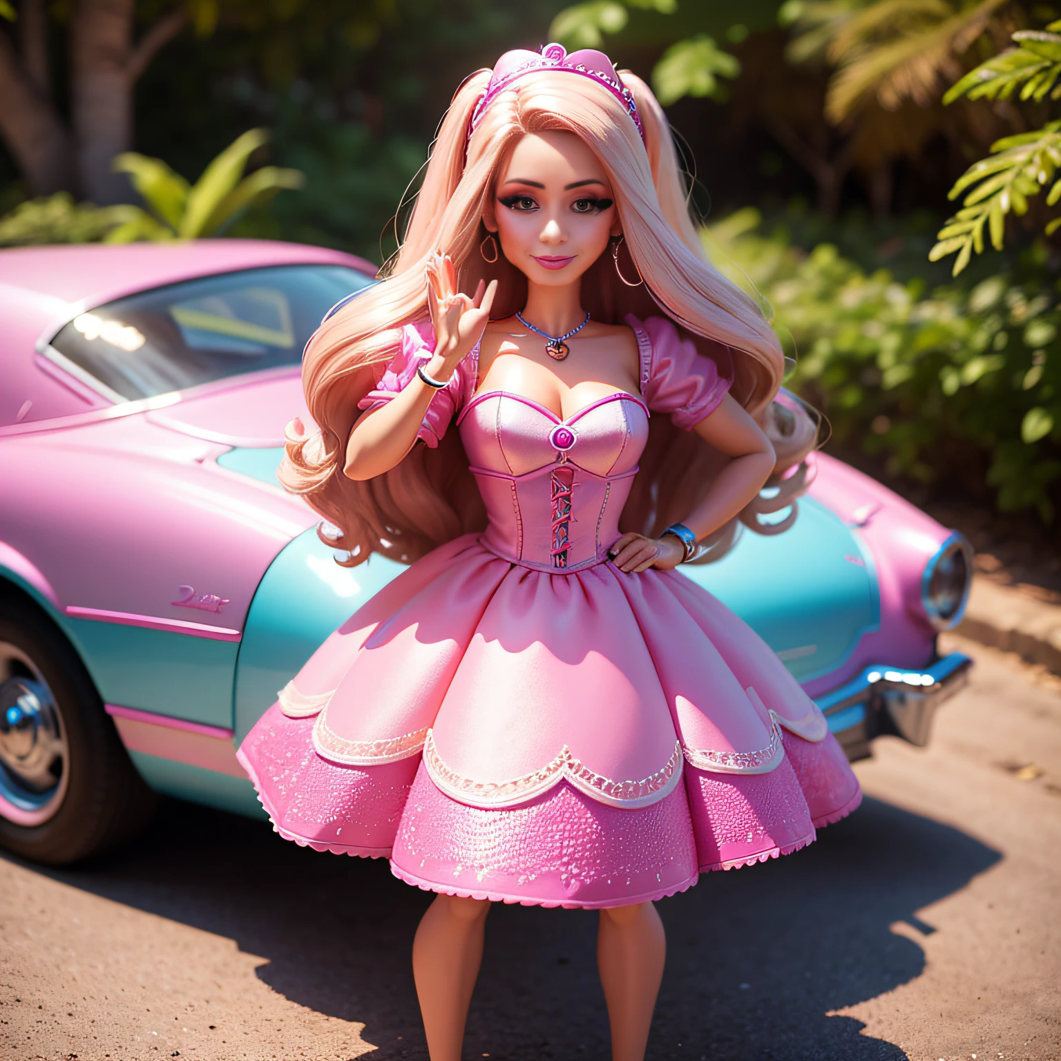 Uma mulher vestida de barbie em uma barbie land, saindo da caixa de uma barbie, realista, UHD, 8k --auto