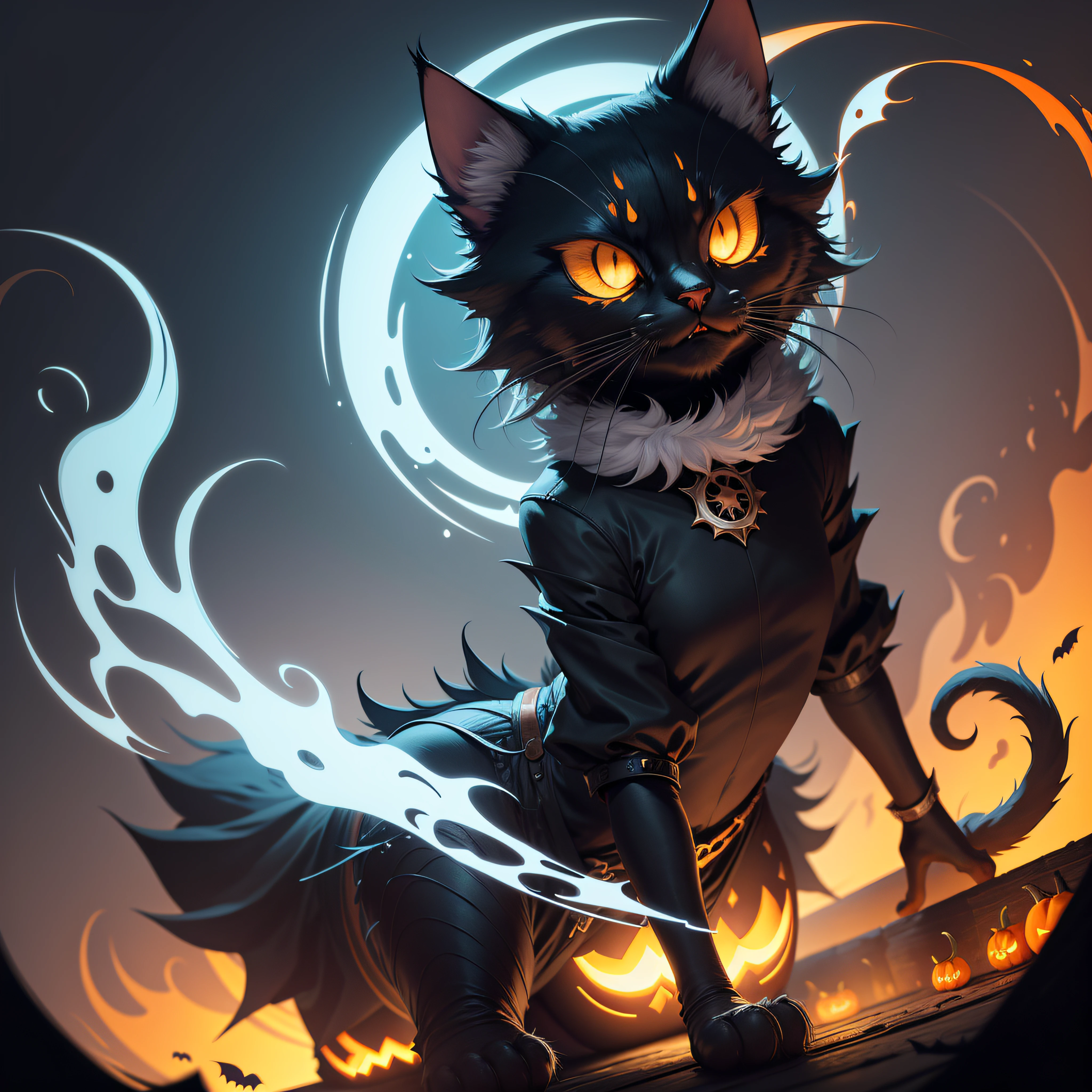 A scary cat Halloween character, fantasy, vector art, flat design, Ultra high details. --auto