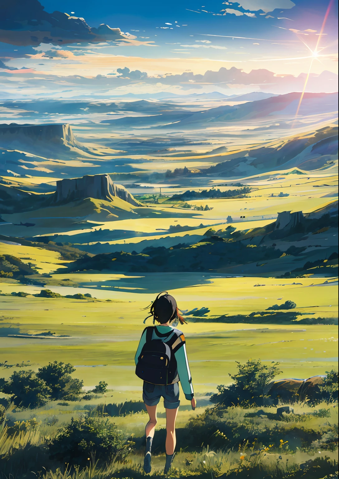 The vast sky, beautiful skyline, large grasslands, extremely tense and dramatic pictures, moving visual effects, the high-hanging Polaris, and colorful natural light. Long-sleeved top, denim shorts, and a girl with a backpack.