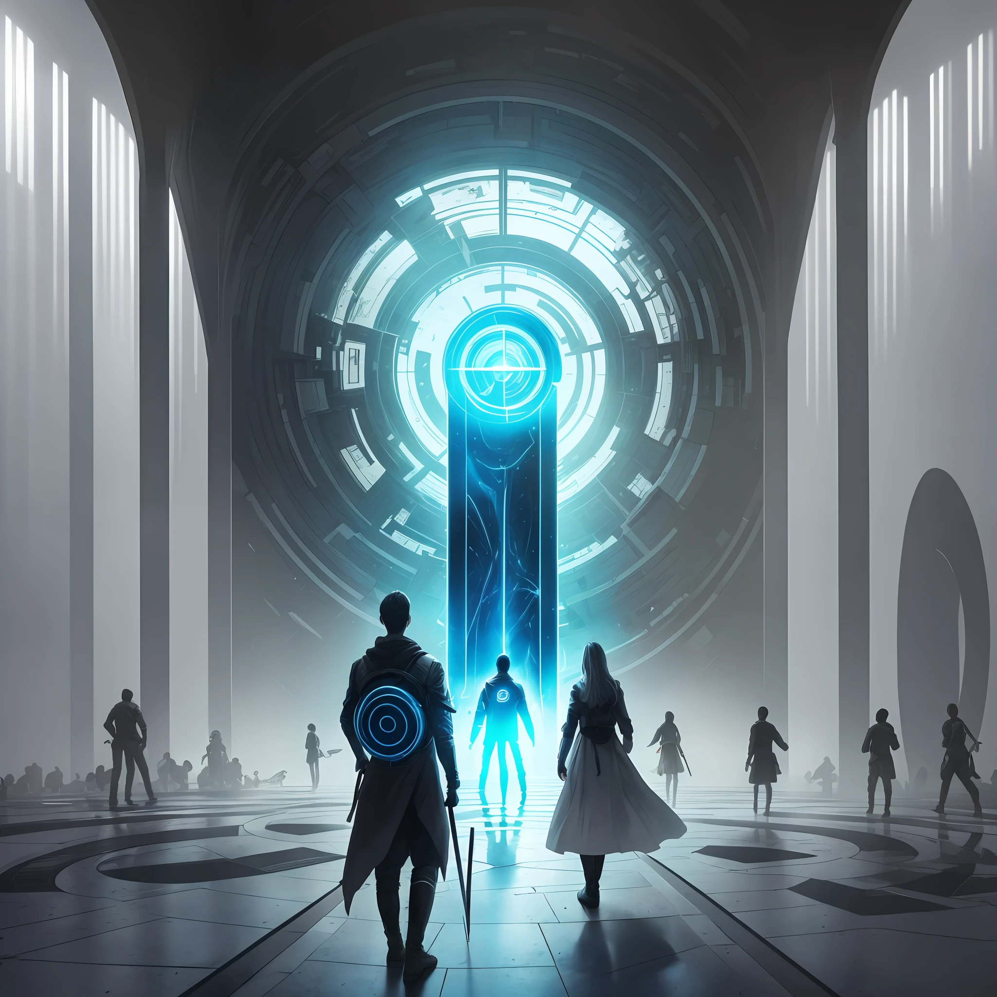 Group of people entering a portal with allusion of being going to a new world. This portal will refer to a futuristic idea. On the one hand, the side that people are on, a kind of chaotic world and on the other, a clean environment. In this clean environment, an image, a shadow of something unknown and half evil --auto --s2