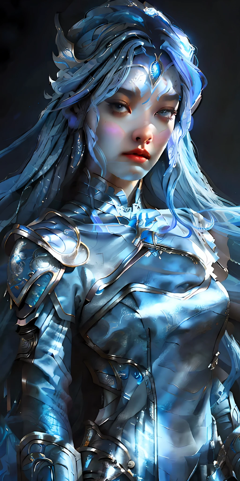 a close up of a woman in a silver and blue dress, chengwei pan on artstation, by Yang J, detailed fantasy art, stunning character art, fanart best artstation, epic exquisite character art, beautiful armor, extremely detailed artgerm, detailed digital anime art, artgerm on artstation pixiv, armor girl, tank topn white top