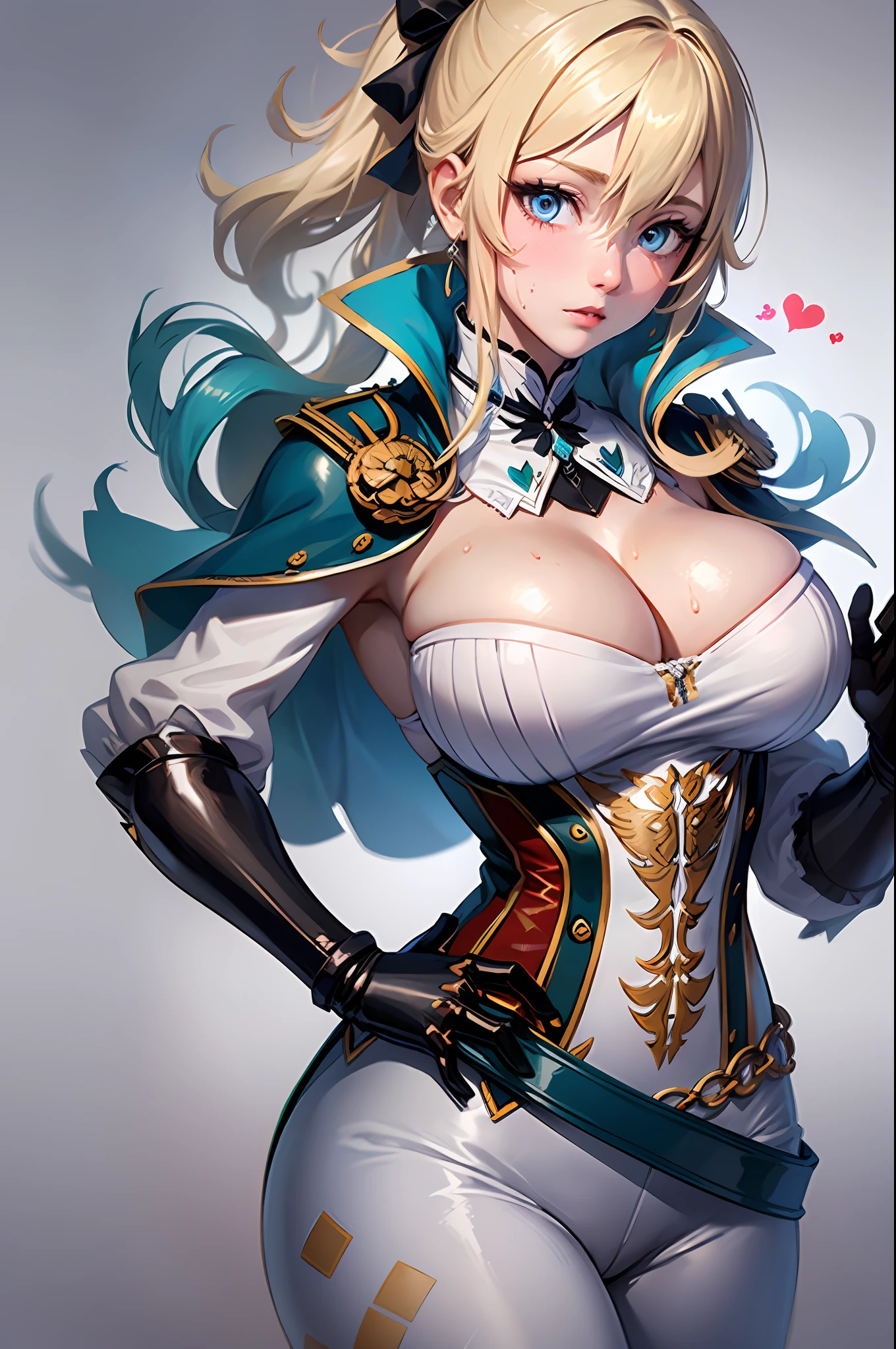 (((Jean)), (reddened face: 1,4), (Heart-shaped pupil: 1,4), (sweaty: 1,5), hair light, Cyan eyes, big breastes, skinny waist, wide thighs, blouse, leggins