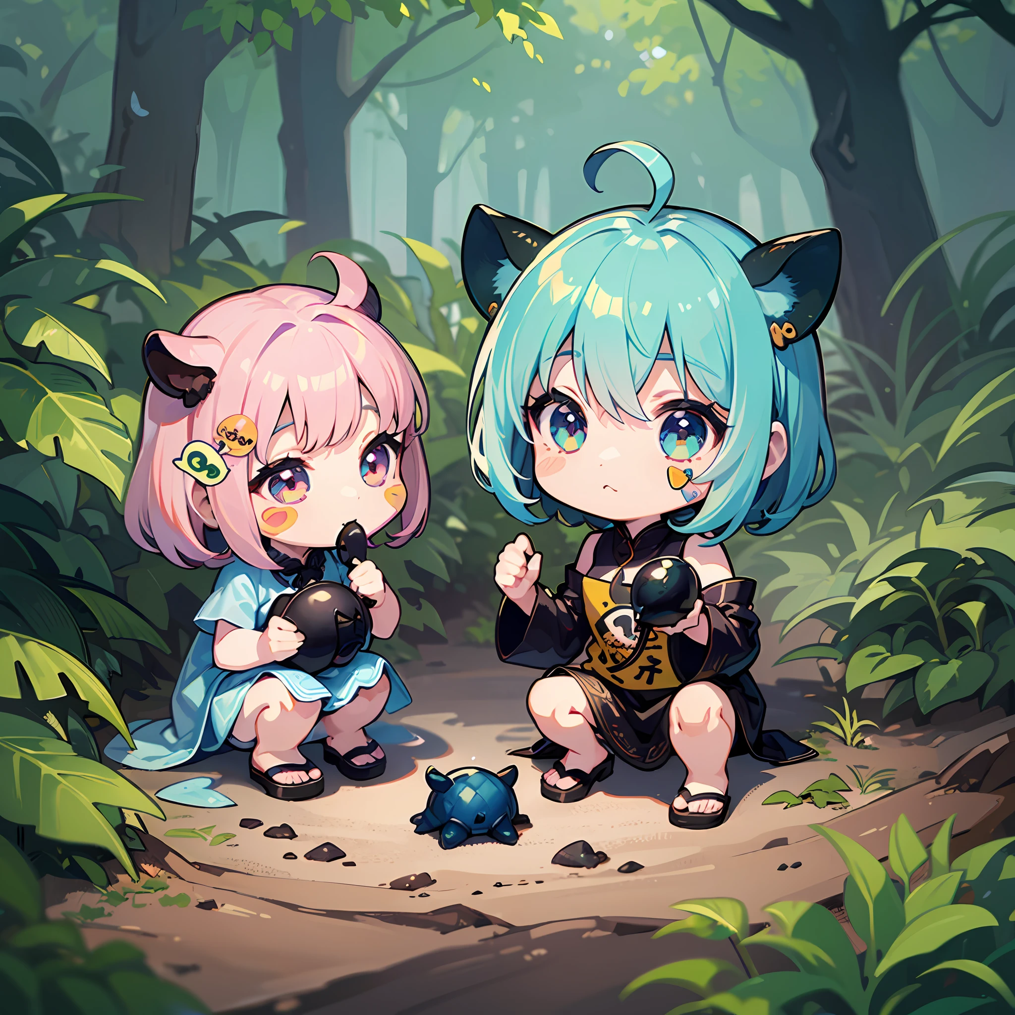 ((a sticker:1.5)))、((Chibi Chara))、(((summer vacation)))、Have a bug net、1girl in、run、in woods、sano、夏天、rhinoceros beetle、Strongest、Chibi Chara、fullllbody、Pastel colors hair、masutepiece、top-quality、high-level image quality