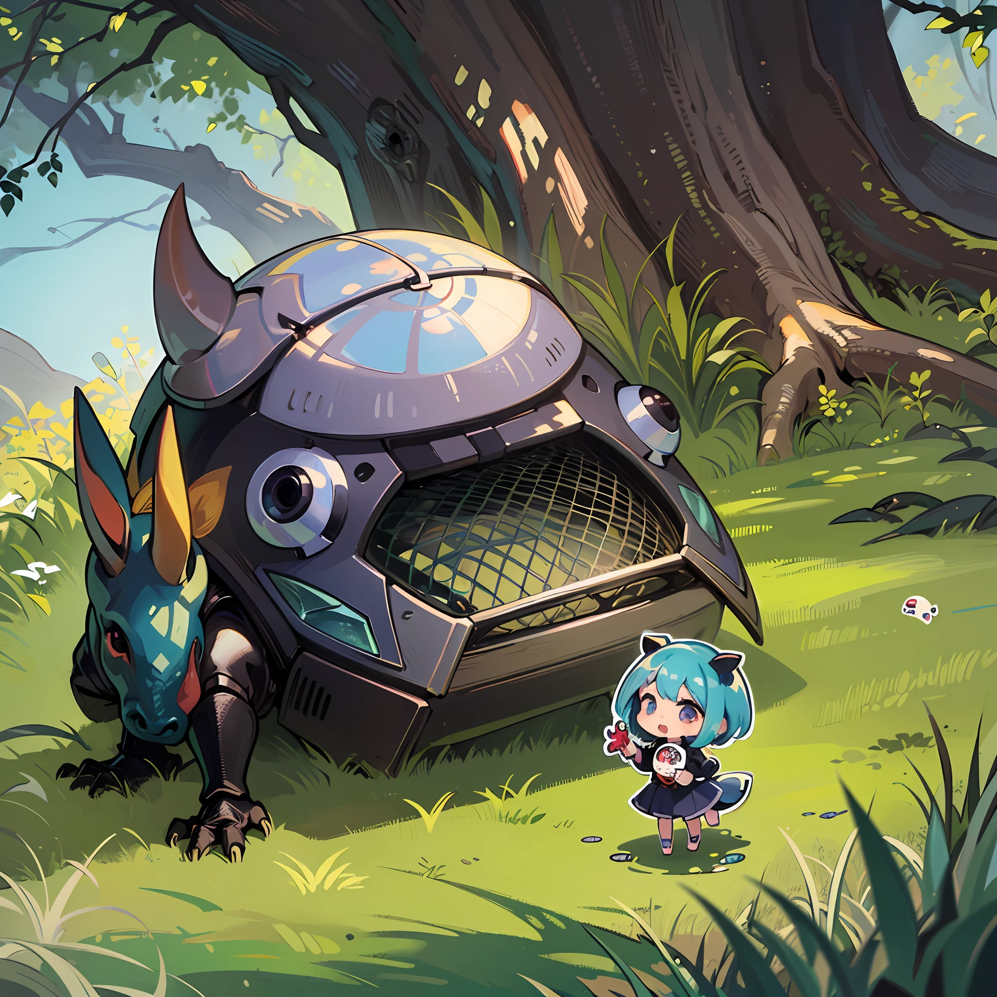 ((a sticker:1.5)))、((Chibi Chara))、(((summer vacation)))、Have a bug net、1girl in、run、in woods、sano、夏天、rhinoceros beetle、Strongest、Chibi Chara、fullllbody、Pastel colors hair、masutepiece、top-quality、high-level image quality