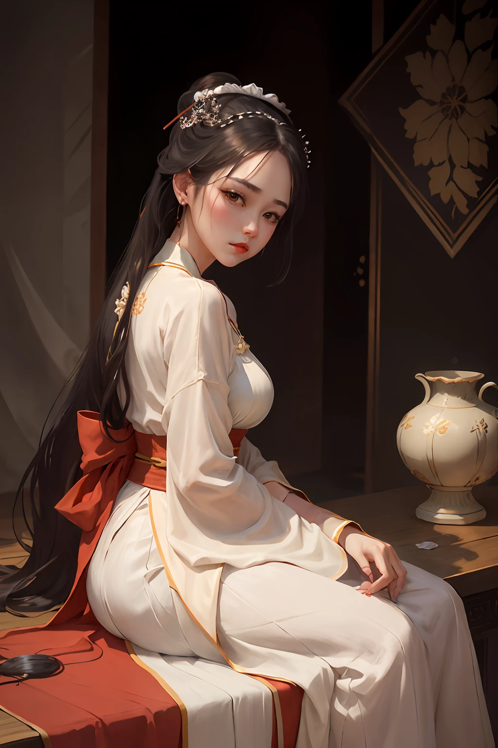 There is a woman sitting on a table with a vase, white skin, melancholy eyes, a palace, a girl in Hanfu, beautiful figure painting, white Hanfu, Hanfu, hair accessories, , looking at the viewer, red lips, skirt, hair accessories, necklaces, jewellery, long hair, earrings, closed mouth, extravagance