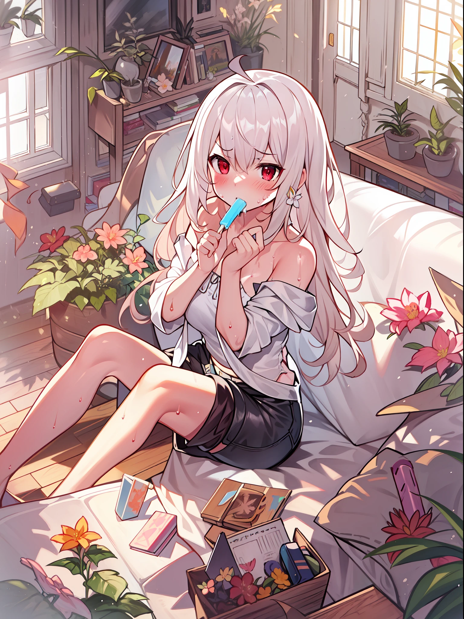 (overhead shot, full body, panorama:1.5), masterpiece, 8k wallpaper, absurdres, best quality, dynamic angle, detailed lighting, 1girl, charming, delicate, extremely cute, medium breasts, white hair, ahoge, long hair, super messy hair, detailed eyes, red eyes, (strapless top, shorts, super bored, blush, frown, mouth open, unhappy, sweat:1.2), sucking popsicle, laying on couch, hair clips, blush, bright lighting, detailed background, indoors, living room, couch, double window sliding doors, flower pots, shelves, wooden floor, lamps, carpet, paintings, windows