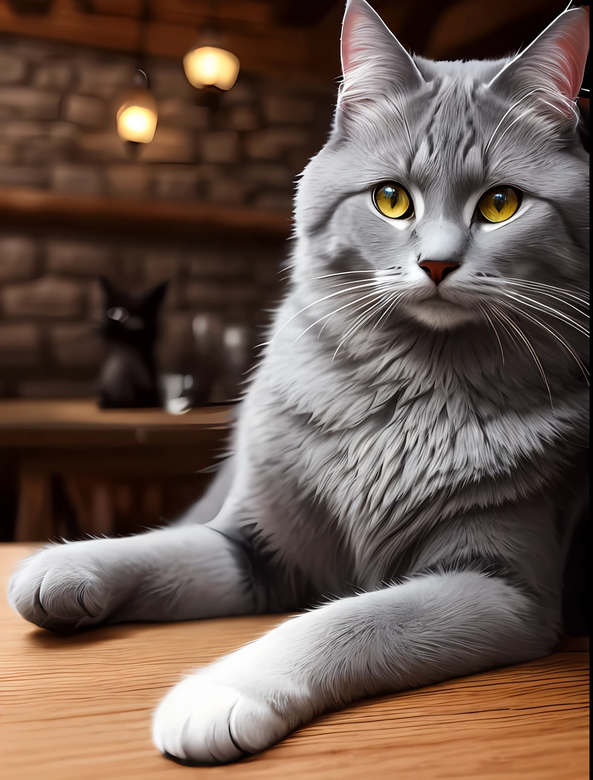 ModelShoot style, 8K, Cute gray portrait \(Russian blue\) The cat sits at a wooden table in a medieval tavern, Detailed fur, trending on artstationh, trending on CGSociety, Intricate, High detail, Sharp focus, Dramatic lighting, Digital painting, Digital art, By Artgerm, author：Liang Xing, by WLOP