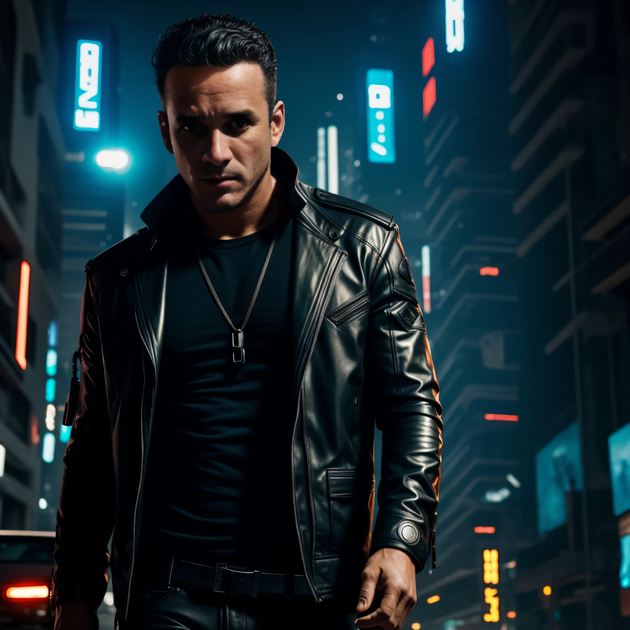 um homem cyberpunk, ele esta olhando para camera, cena de filme, UHD, realista, 8k