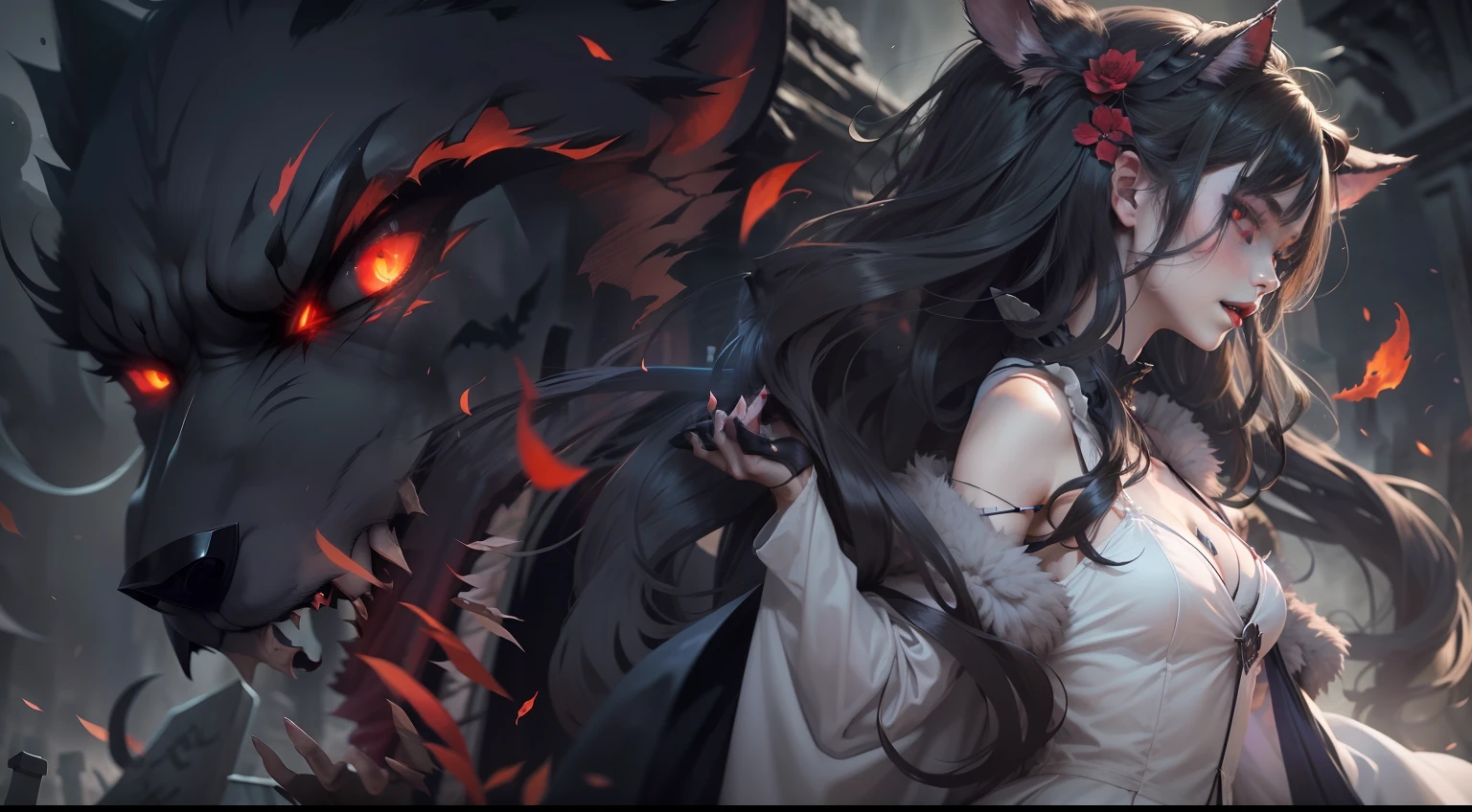 In a mysterious and dark cemetery,The vampire girl fights a fierce battle with the evil handsome werewolf。The fog of the cemetery is pervasive,Exudes a spooky and eerie atmosphere。 Vampire girls are beautiful and charming,Her skin was as pale as snow,The eyes flashed with scarlet blood。She wore a gorgeous robe,It exudes a proud and cold temperament。Her sharp teeth and red lips radiate seductive and dangerous light。 The evil handsome werewolf is tall and strong,The body is covered with thick black hair。Its eyes flashed with a green evil light,It reveals a ferocious and wild atmosphere。The werewolf's fangs and sharp claws are full of strength and ferocity。 The lights in the cemetery are faint and dim,Cast a faint glow through the mist。The change of lighting and the shadows of the tombstones create an eerie and mysterious visual effect。There was a hint of blood and evil wafting in the cemetery,Adds a dark phantom art style。 The scene of the vampire girl vs the evil handsome werewolf is full of tension、Elements of excitement and dueling。It's a race full of lust and power、A confrontation between arrogance and wildness。The outcome of the battle will determine the fate of the cemetery,and the fate between a vampire girl and an evil handsome werewolf。