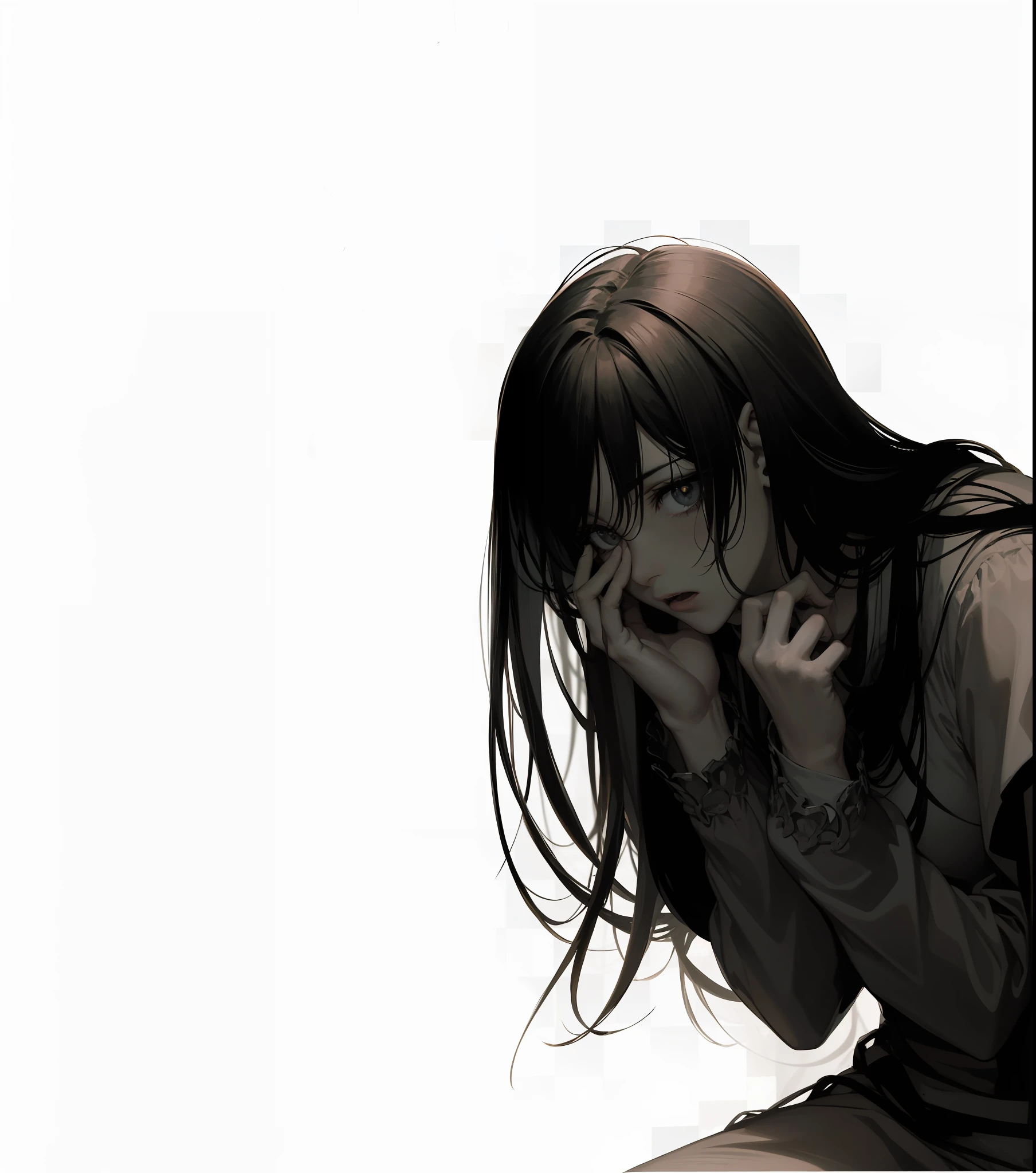 1 garota ajoelhada com medo, fear expression, panicked, Hand on face, head down, cabelo castanho escuro, sky background, navio pirata, obra prima, realista, atmosfesra medieval.
