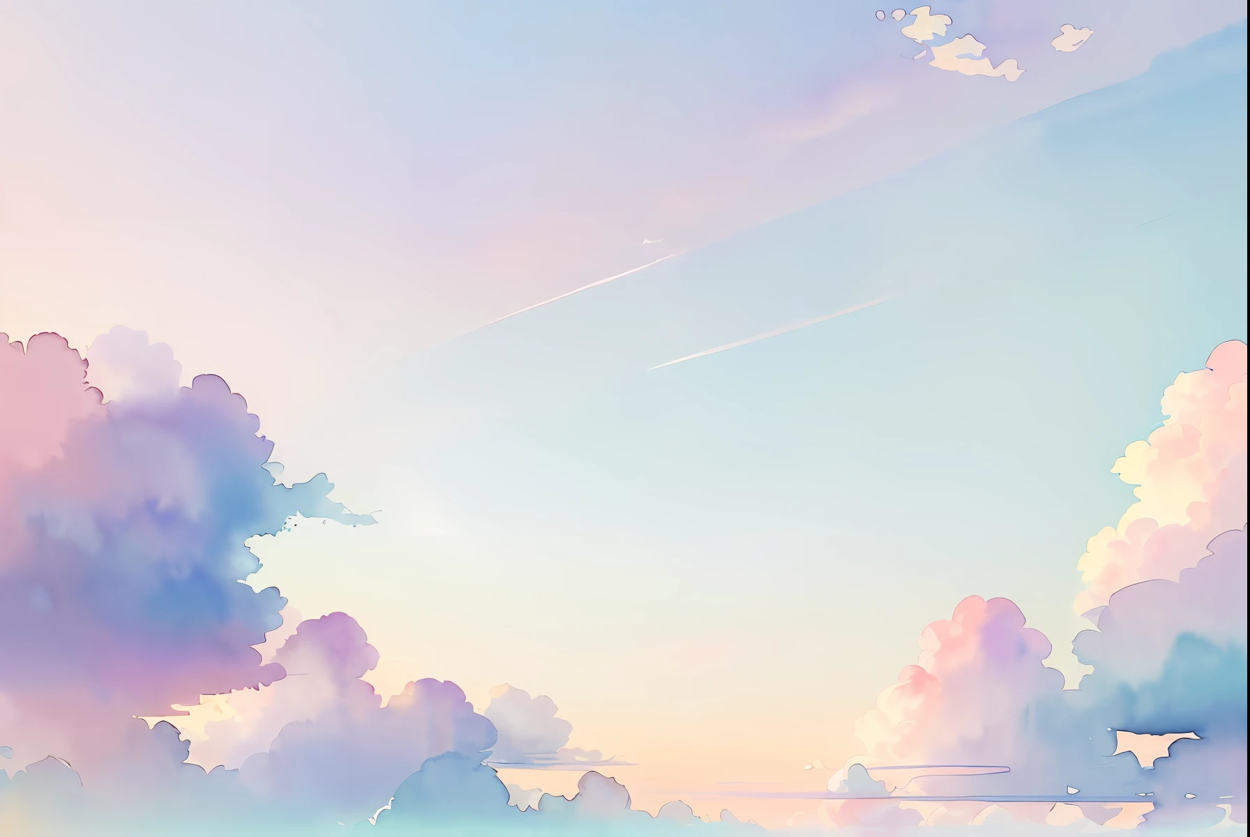 (Watercolor touch:1.4), ((Light purple and emerald green color scheme:1,3)) ,(Sun and sky:1.1)chinese style painting, （The absence of humans and animals）、((Shades of light shades:1.3))(Pale pink daytime sky:1.4)、Blue sky at noon、fluffly, (Gradient Color:1.4)、（pale color:1.3）Iridescent sky、 ((top-quality)), ((​masterpiece)), ( Extreme details, highestdetailed, Official art, Beautifully Aesthetic:1.2), depth of fields, Beautiful bright sky style scene。Wallpaper 4k,Anime art wallpaper 8k, amazing wallpapers, ,luminous sky heaven background, Colors of Heaven, background sky, Light gradient,Pastel sky, Colorful sky, ((pastel faded effect)), Ethereal background, Sky gradient, soft rainbow, Heavenly background, dreamy colors, dreamy sky, airy colors, Colorful sky, Mysterious shades of clouds,