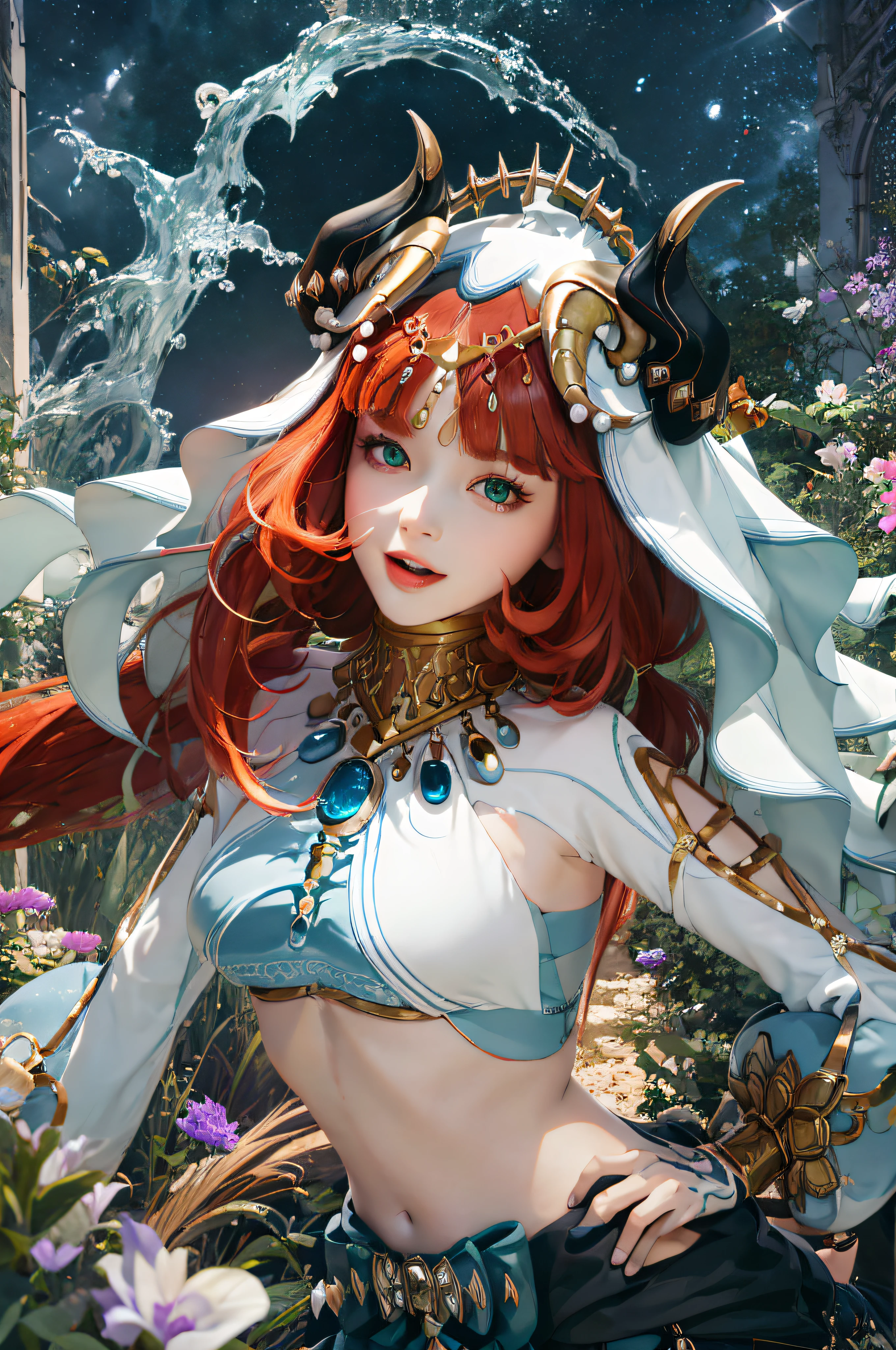 (Realistic painting style:1.1), masterpiece, best quality, absurdres, nilou (neither flower nor mist) (genshin impact), aqua eyes, nilou (genshin impact), fake horns, 1girl, solo, red hair, veil, smile, moon, long hair, crop top, jewelry, horns, night, bracer, brooch, long sleeves, puffy long sleeves, looking at viewer, skirt, bangs, twintails, water, puffy sleeves, sky, neck ring, open mouth, :d, full moon, night sky, flower, harem outfit, gold trim, parted bangs, arm up, breasts, circlet, outdoors, blue skirt, hair ornament, detached sleeves, low twintails, floating hair, gem, hair flower, blue gemstone, hand up, dancer, white headwear, small breasts, stomach, midriff, cowboy shot, blue bow, very long hair