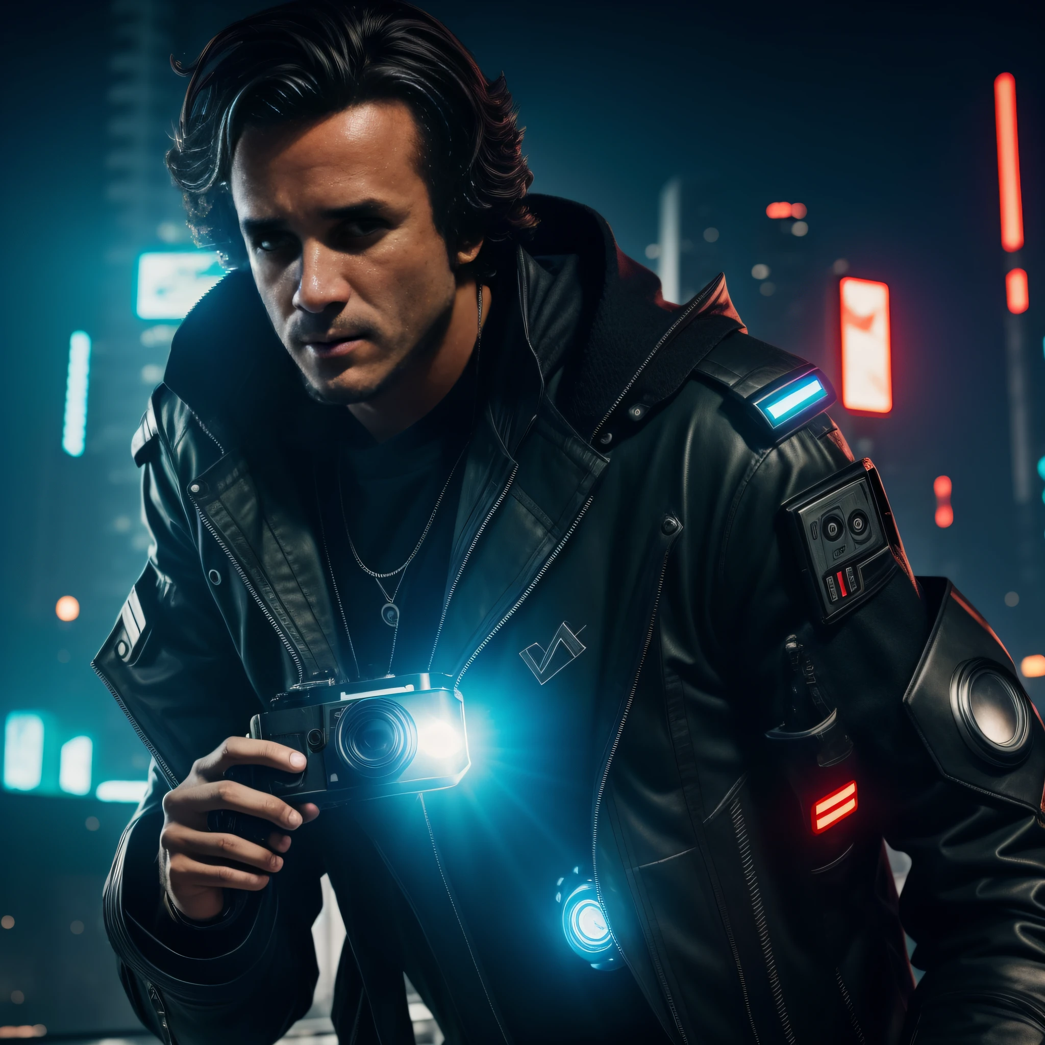 um homem cyberpunk, ele esta olhando para camera, cena de filme, UHD, realista, 8k