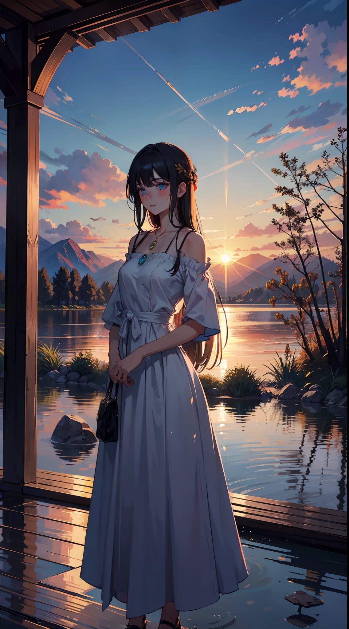 1 girl, serene expression, mesmerizing eyes, straight long hair, flowing dress, poised posture, porcelain skin, subtle blush, crystal pendant
BREAK
golden hour, (rim lighting):1.2, warm tones, sun flare, soft shadows, vibrant colors, painterly effect, dreamy atmosphere
BREAK
scenic lake, distant mountains, willow tree, calm water, reflection, sunlit clouds, peaceful ambiance, idyllic sunset, ultra detailed, official art, unity 8k wallpaper
, zentangle, mandala