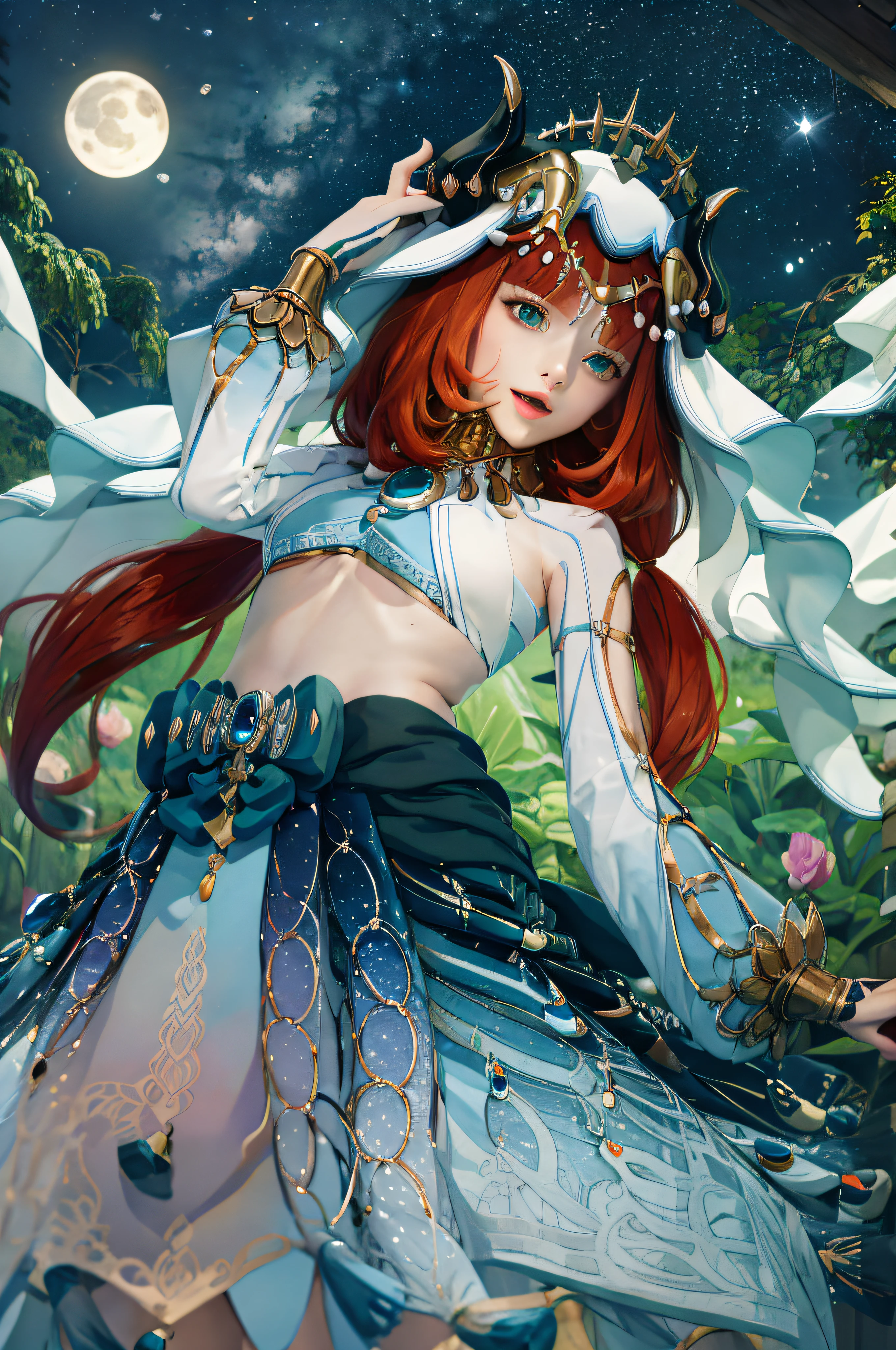 (Realistic painting style:1.1), masterpiece, best quality, absurdres, nilou (neither flower nor mist) (genshin impact), aqua eyes, nilou (genshin impact), fake horns, 1girl, solo, red hair, veil, smile, moon, long hair, crop top, jewelry, horns, night, bracer, brooch, long sleeves, puffy long sleeves, looking at viewer, skirt, bangs, twintails, water, puffy sleeves, sky, neck ring, open mouth, :d, full moon, night sky, flower, harem outfit, gold trim, parted bangs, arm up, breasts, circlet, outdoors, blue skirt, hair ornament, detached sleeves, low twintails, floating hair, gem, hair flower, blue gemstone, hand up, dancer, white headwear, small breasts, stomach, midriff, cowboy shot, blue bow, very long hair