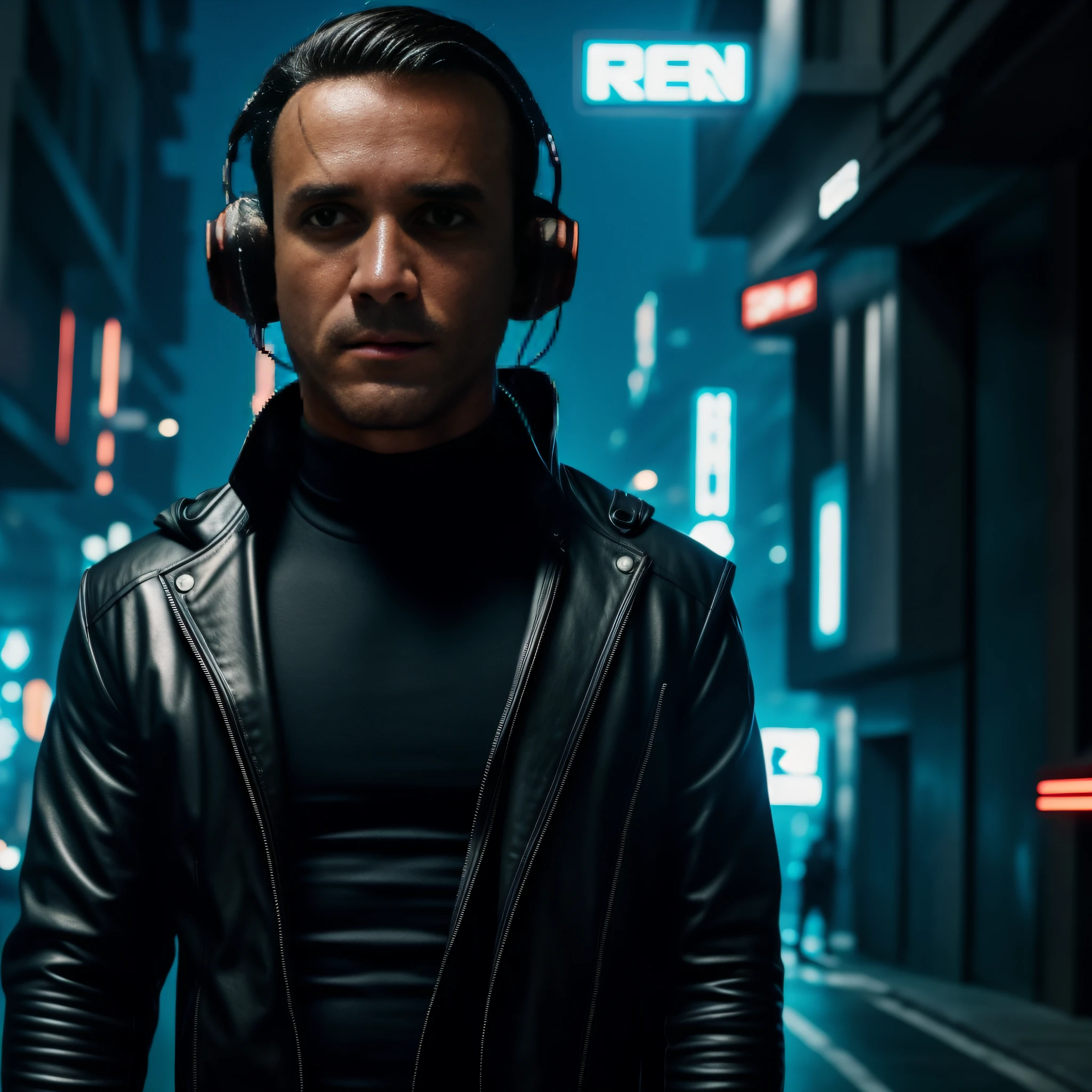 um homem cyberpunk, ele esta olhando para camera, cena de filme, UHD, realista, 8k