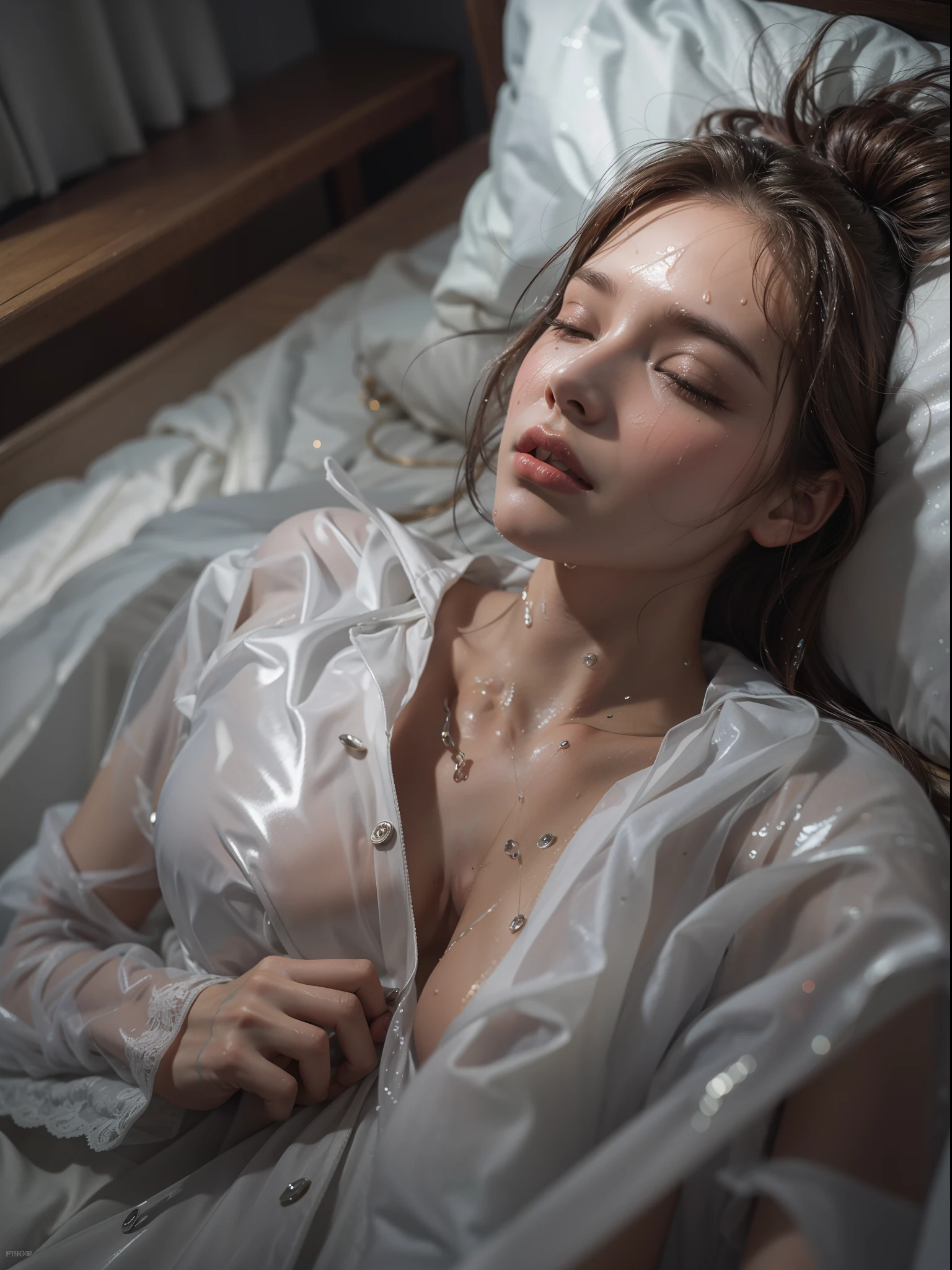 Photorealistic image of a beautiful and wet women lying unconscious on bed