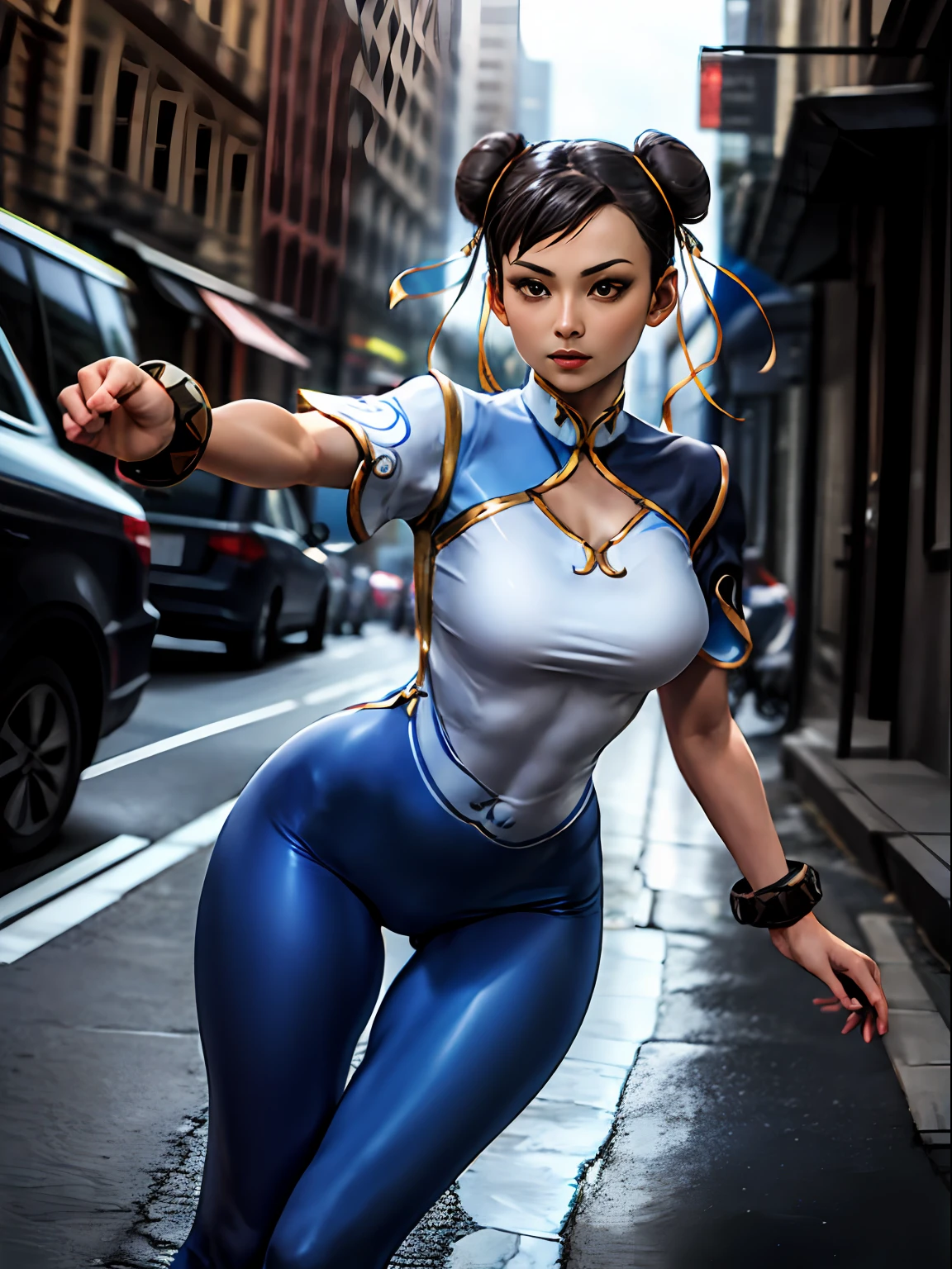 Woman in her 20s, chun-li, gorgeous, (perfect face), defined chin, beautiful deep brown eyes, beautiful lips, (short brown hair, bun, double bun), (perfect anatomy), (athletic body), (sexy), (thick thighs), (perfect hands), (blue cheongsam), blue tights, pointed bracelets, looking at the viewer, (full mid-plane photograph), (fight arena background), realistic, street fudo chinese trade, thigh gap