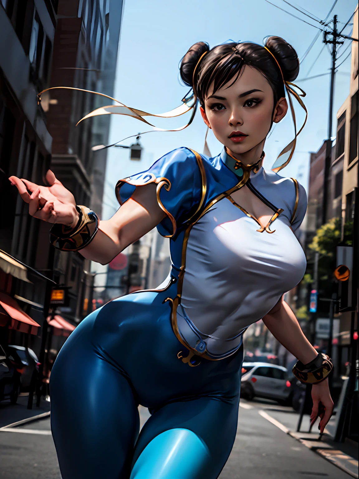 Woman in her 20s, chun-li, gorgeous, (perfect face), defined chin, beautiful deep brown eyes, beautiful lips, (short brown hair, bun, double bun), (perfect anatomy), (athletic body), (sexy), (thick thighs), (perfect hands), (blue cheongsam), blue tights, pointed bracelets, looking at the viewer, (full mid-plane photograph), (fight arena background), realistic, street fudo chinese trade, thigh gap