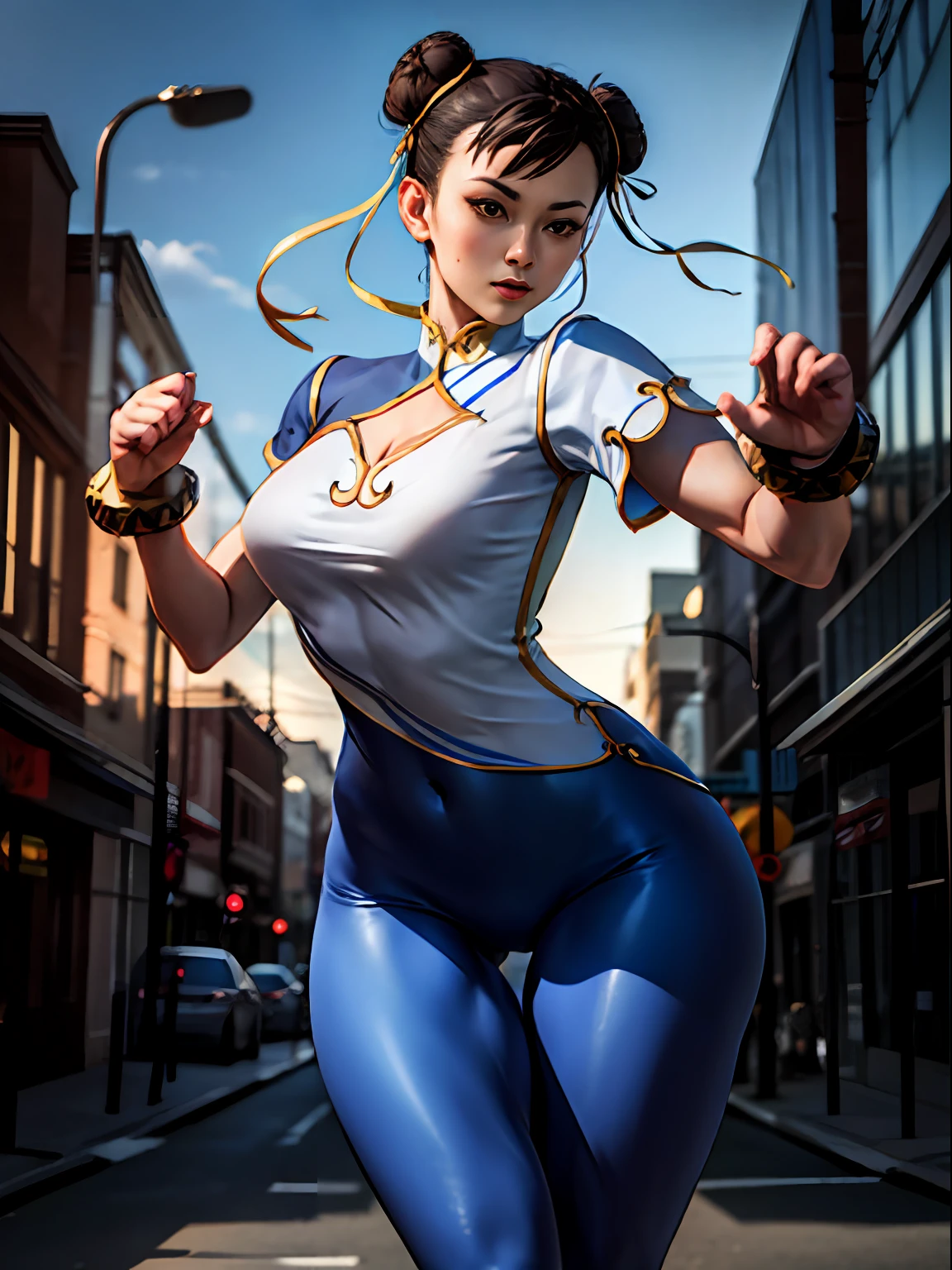 Woman in her 20s, chun-li, gorgeous, (perfect face), defined chin, beautiful deep brown eyes, beautiful lips, (short brown hair, bun, double bun), (perfect anatomy), (athletic body), (sexy), (thick thighs), (perfect hands), (blue cheongsam), blue tights, pointed bracelets, looking at the viewer, (full mid-plane photograph), (fight arena background), realistic, street fudo chinese trade, thigh gap