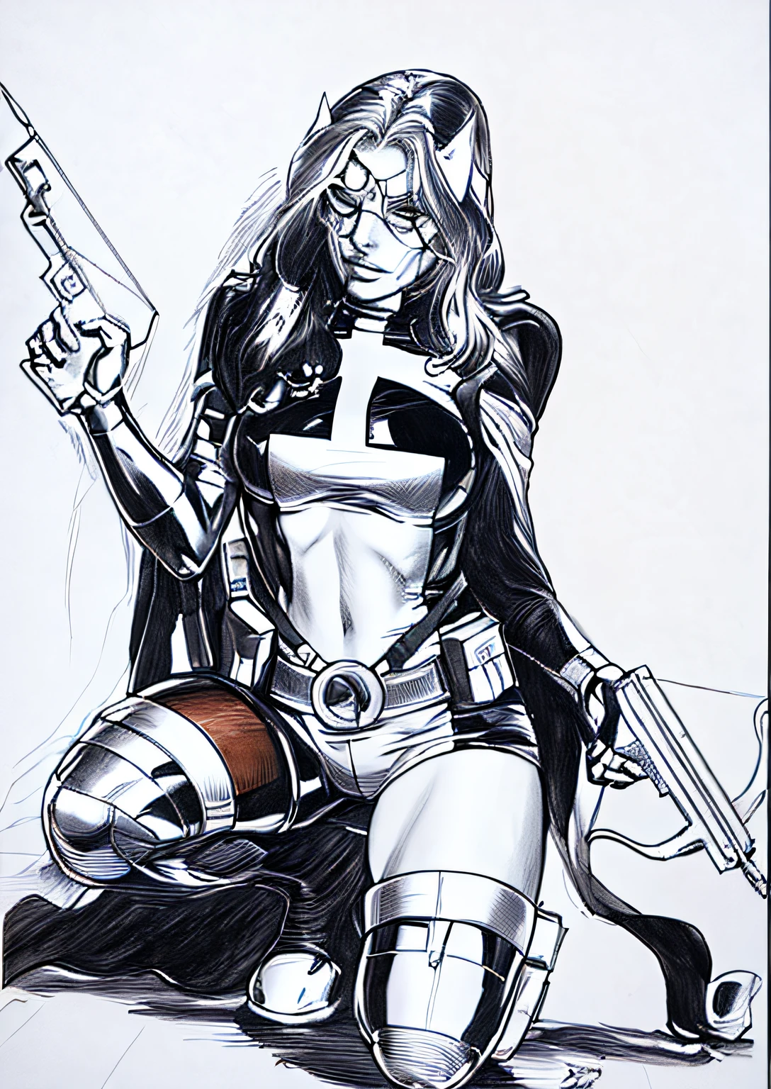 a drawing of a woman with a gun and a gun, huntress, chris moore. artgerm, moebius + artgerm, artgerm greg rutkowski _ greg, inspired by José Comas Quesada, pencile and ink, drawn in the style of artgerm, artgerm and warren louw