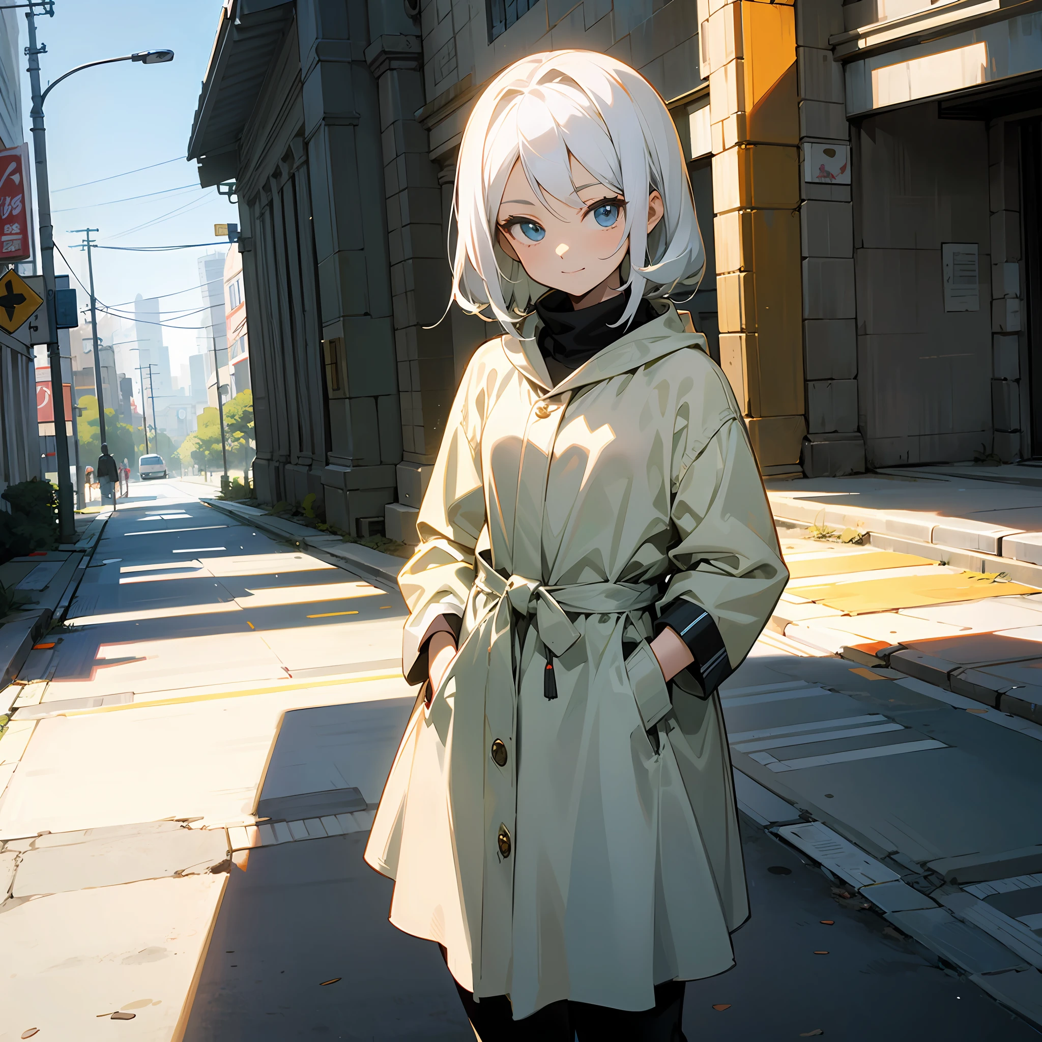 White color hair,with fair skin,16-year-old female,Dress modestly,Stand up and look into the camera,With a relaxed expression,Put your hands in your pockets,ssmile ,The background is the middle of the street,The appearance is high,style of anime,Ancient style