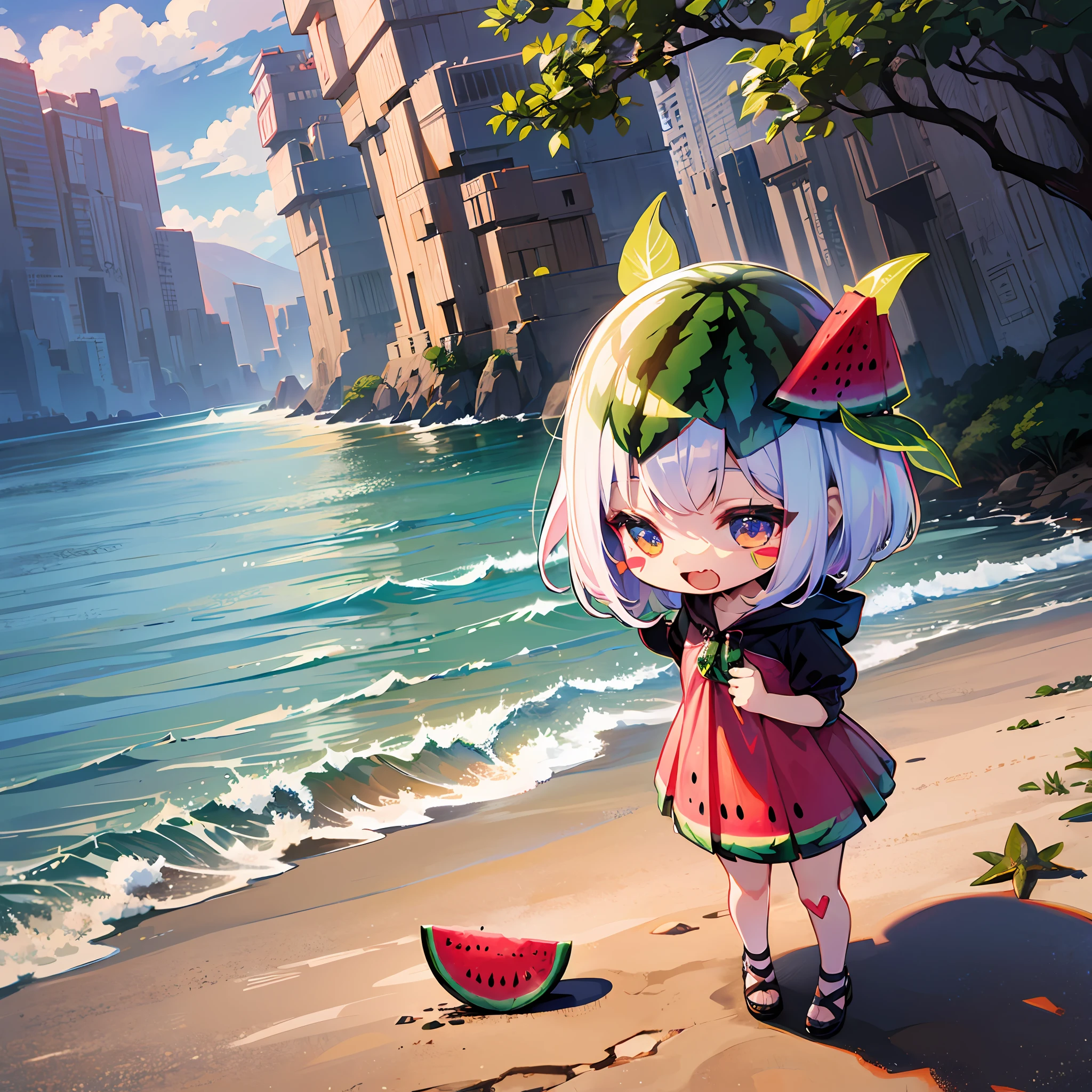 ((a sticker:1.5)))、((Chibi Chara))、(((Watermelon groats)))、sand beach、Mare、Clear、1girl in、sano、、Strongest、Chibi Chara、fullllbody、Pastel colors hair、masutepiece、top-quality、high-level image quality