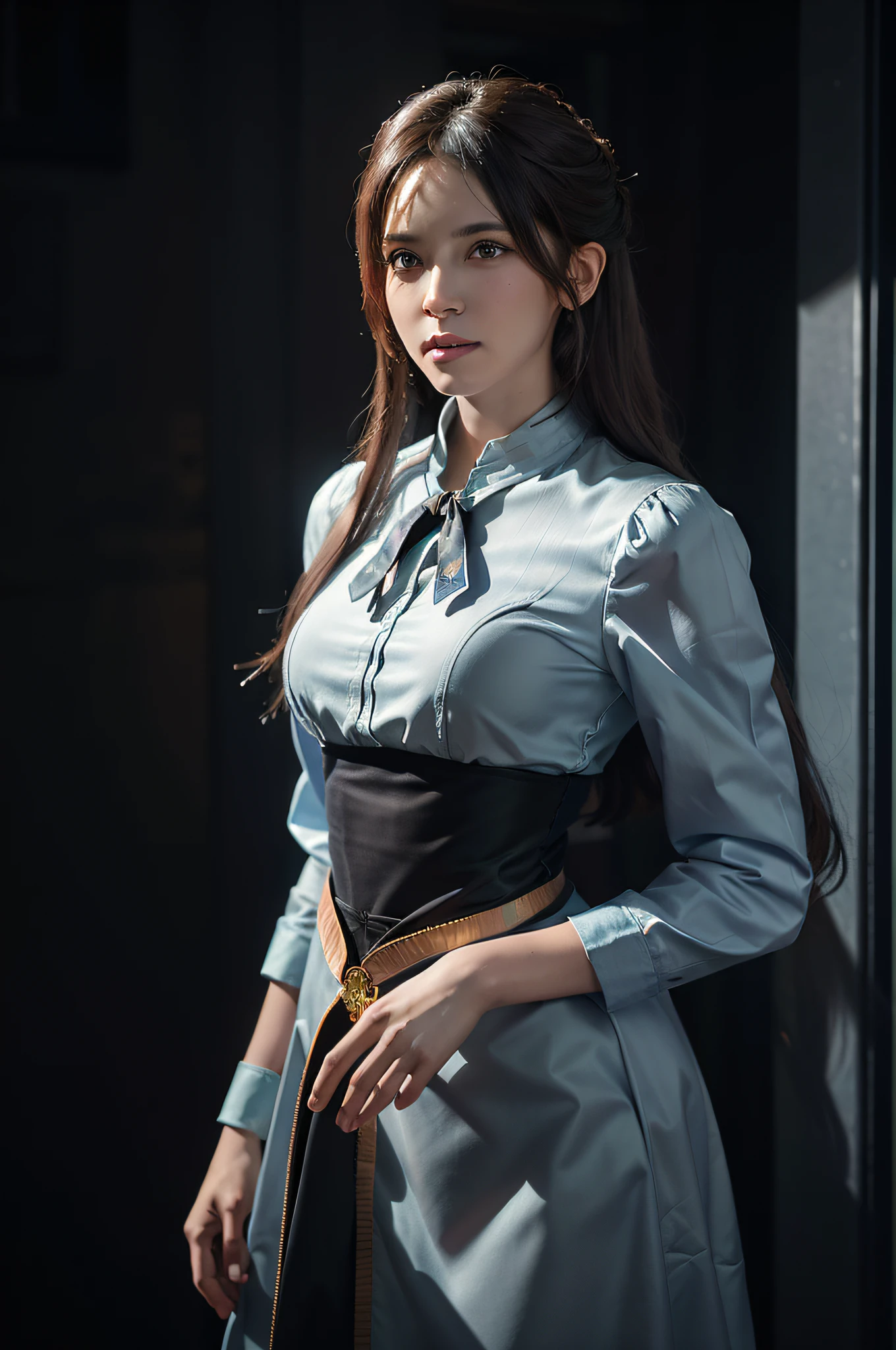 Hyperrealist portrait of female by david hockney and alphonse mucha,fantasy art, photo realistic, dynamic lighting, artstation, poster, volumetric lighting, very detailed faces, 4 k, award winning,, 1girl, in the dark, deep shadow, low key,cowboy shot,(official clothing:1.4) ,long hair,white hair,