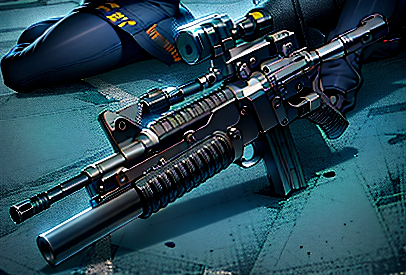 um close up de um fuzil deitado em uma cama com uma mira, Pistola de airsoft, armamento militar, fuzil de assalto, Ultra realista AR 16:9, armas realistas, metralhadora pesada no topo, arma realista, armas realistas, arma realista, Airsoft CQB, fuzil de assalto de canto, um rifle laser, metralhadora, armas perfeitas, fuzil de assalto futurista, arma enorme