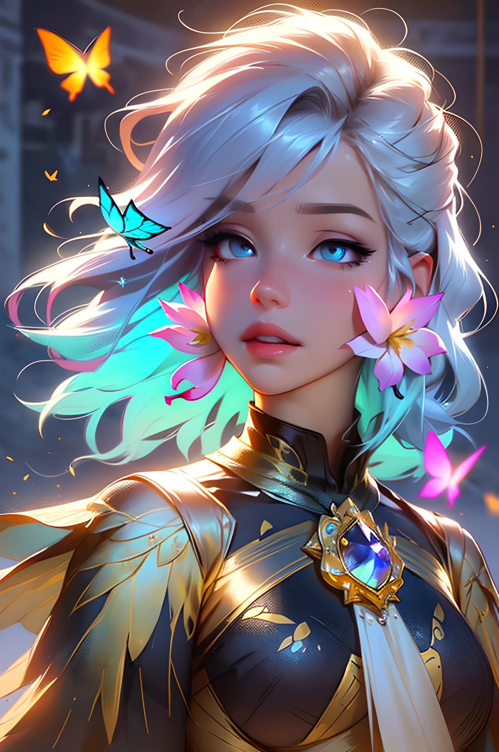 The colors in this image are soft and draw inspiration from gentle watercolors and should be primarily pink. Generate a delicate and tranquil flower princess with soft hair dancing in the wind and intricately braided. Her sweet face has puffy, kissable lips and stunning, highly realistic eyes. She has beautiful eyes, hires eyes, 8k eyes, beautiful detail eyes, beautiful detailed eyes, realistically shaded eyes, and realistic eyes in vibrant colors. She is wearing delicately detailed fabric of gossamer silk and satin. Small pink gemstones and cream pearls detail her clothing. She sits in the midst of the most beautiful meadow in the world and is surrounded by beautiful flowers of varying sizes and colors. The background is wild and unruly, with delicate flowers dancing in the wind and creating a dynamic and compelling image. An ornately flowered headdress adorns her head and soft petals fall around her. The flowers are realistic and very detailed and come in different shapes and sizes, some with iridescence and others with varying shades of pink and blue. Include a soft watercolor sky. The background is wild, with delicate flowers dancing in the wind and colorful pollen filling the air. Include realistic hair and skin texture. Include fantasy details, enhanced details, iridescence, colorful glittering wind, and pollen. Pay special attention to her face and make sure it is beautifully and realistically detailed. The image should be dreamy and ethereal. Include intricate fantasy details. 8k, intricate, elegant, highly detailed, majestic, digital photography, art by artgerm and ruan jia and greg rutkowski surreal painting pearl butterfly filigree, flower petals, (masterpiece, finely detailed beautiful eyes: 1.2), hdr, realistic skin texture, ((ornate)), ((intricate)), ((fantasy00d:1.2)), rays of light, (add details), (add more details), (((highly detailed butterflies))), ornate flowers, dew drops, sunlight, rays of sun