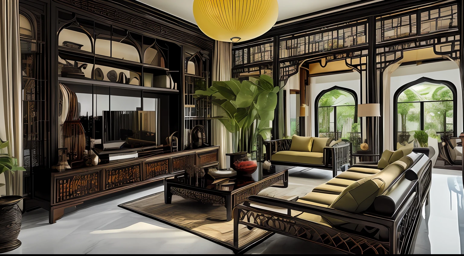 (( masterpiece)) (( ultral realistic)) (( sharp forcus)) (( high detail)) livingroom in indochina style,china , vietnam, black wooden furniture, wallpaper, patent,glossy, ceramic tiles floor,
