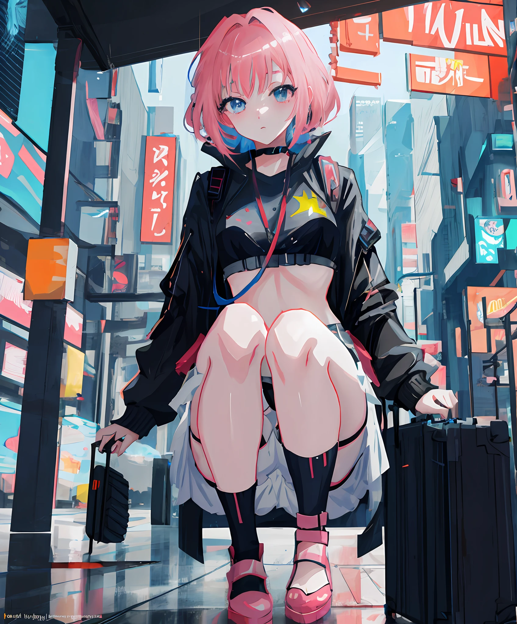 beautiful anime girl crouching，Bring a suitcase and backpack, naked leg，Thin leg，Big breasts Thin waist，Bigchest，style of anime4 K, Anime style. 8K, Digital cyberpunk anime art, Best anime 4k konachan wallpaper, cyberpunk anime girl, digitl cyberpunk - anime art, Anime style illustration, Digital anime illustration, Anime art wallpaper 8 K, 4K anime wallpaper, anime styled digital art, cyberpunk anime art